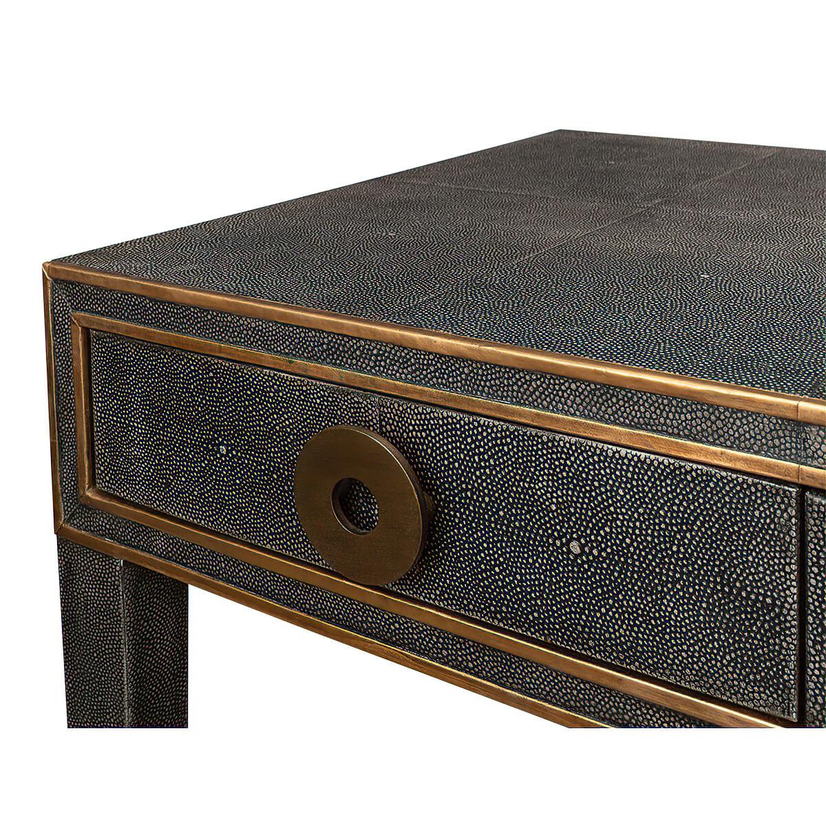 Asian Art Deco Leather Desk, Dark Grey For Sale