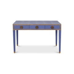 Art Deco Leather Desk In Marlin Blue