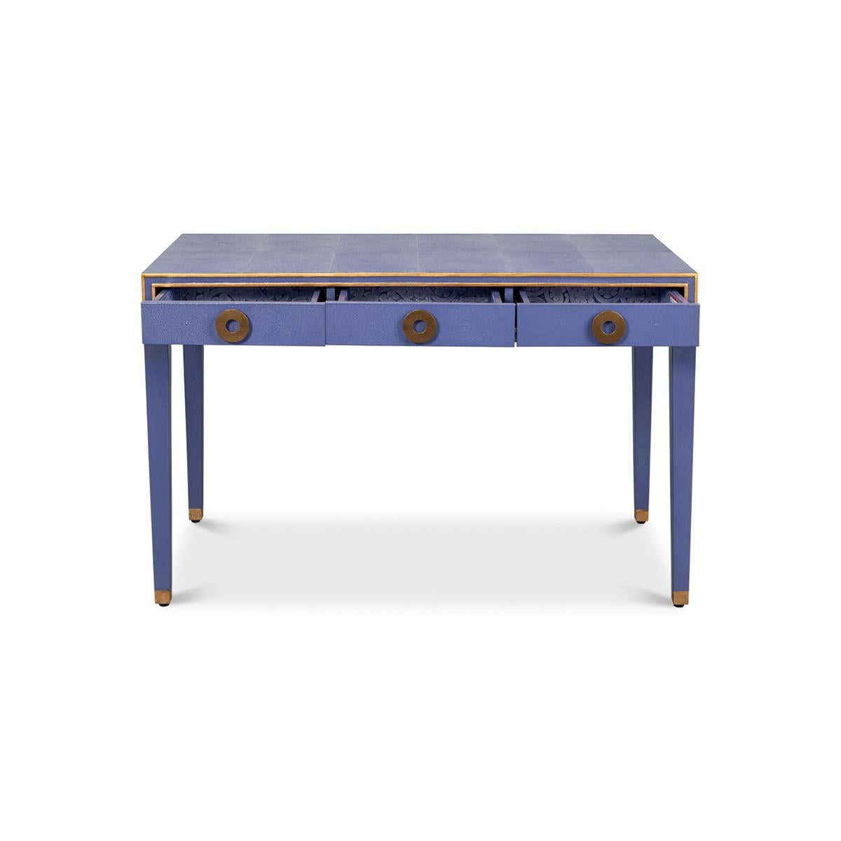 Asian Art Deco Leather Desk In Marlin Blue For Sale