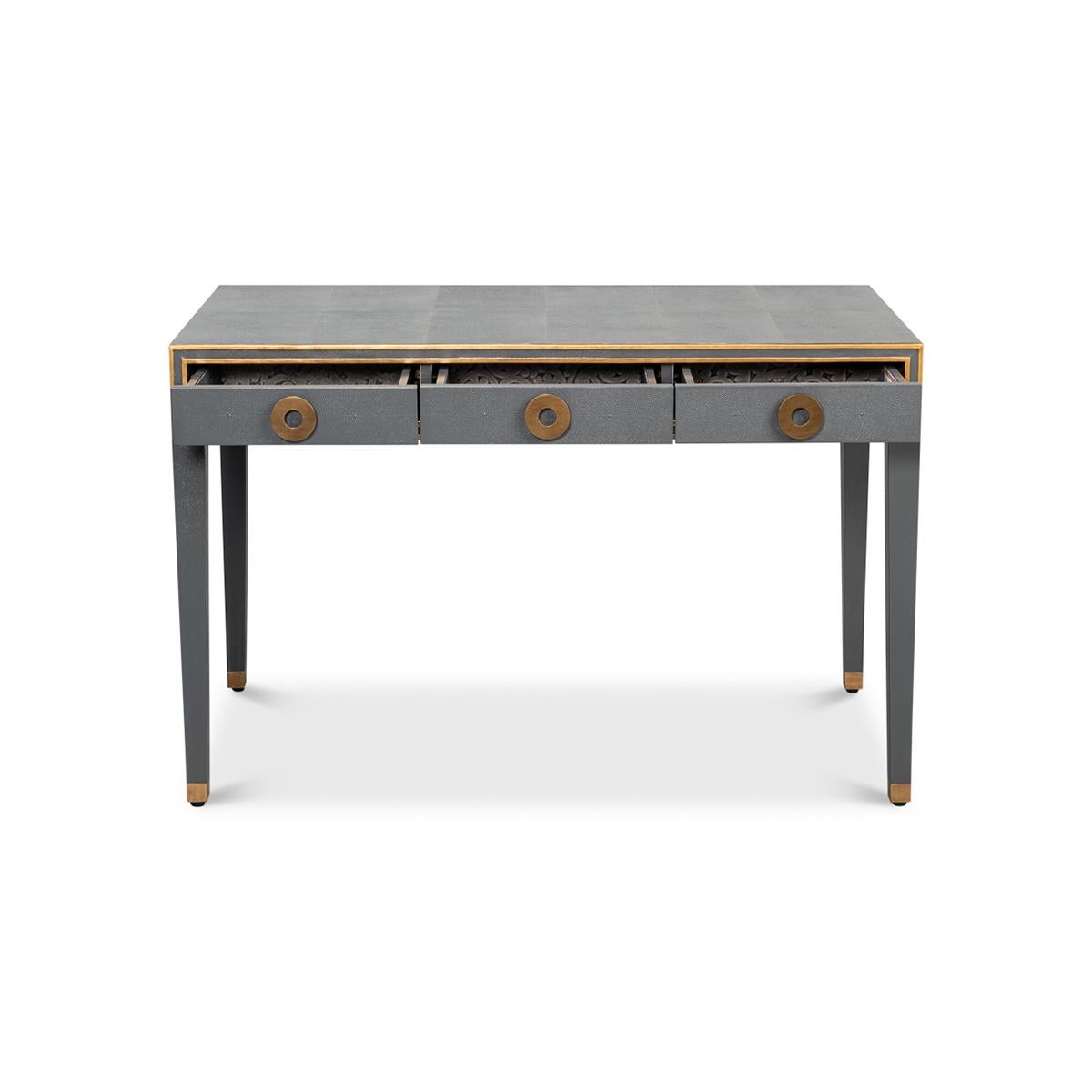 Asian Art Deco Leather Desk In Pewter Grey For Sale