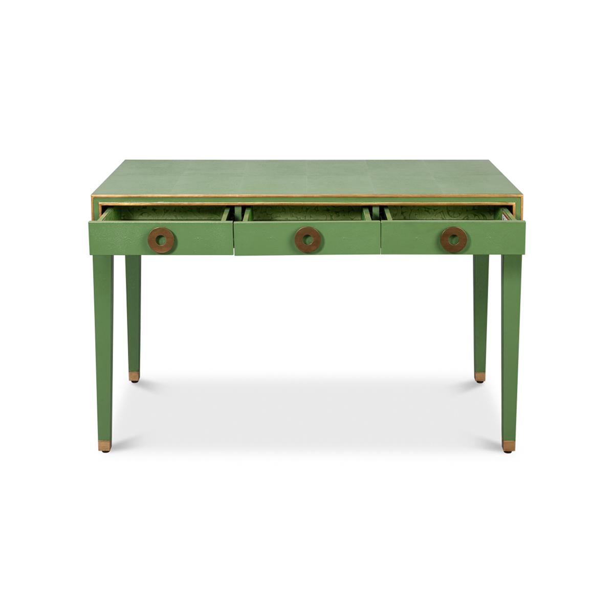 Asian Art Deco Leather Desk In Watercress Green For Sale