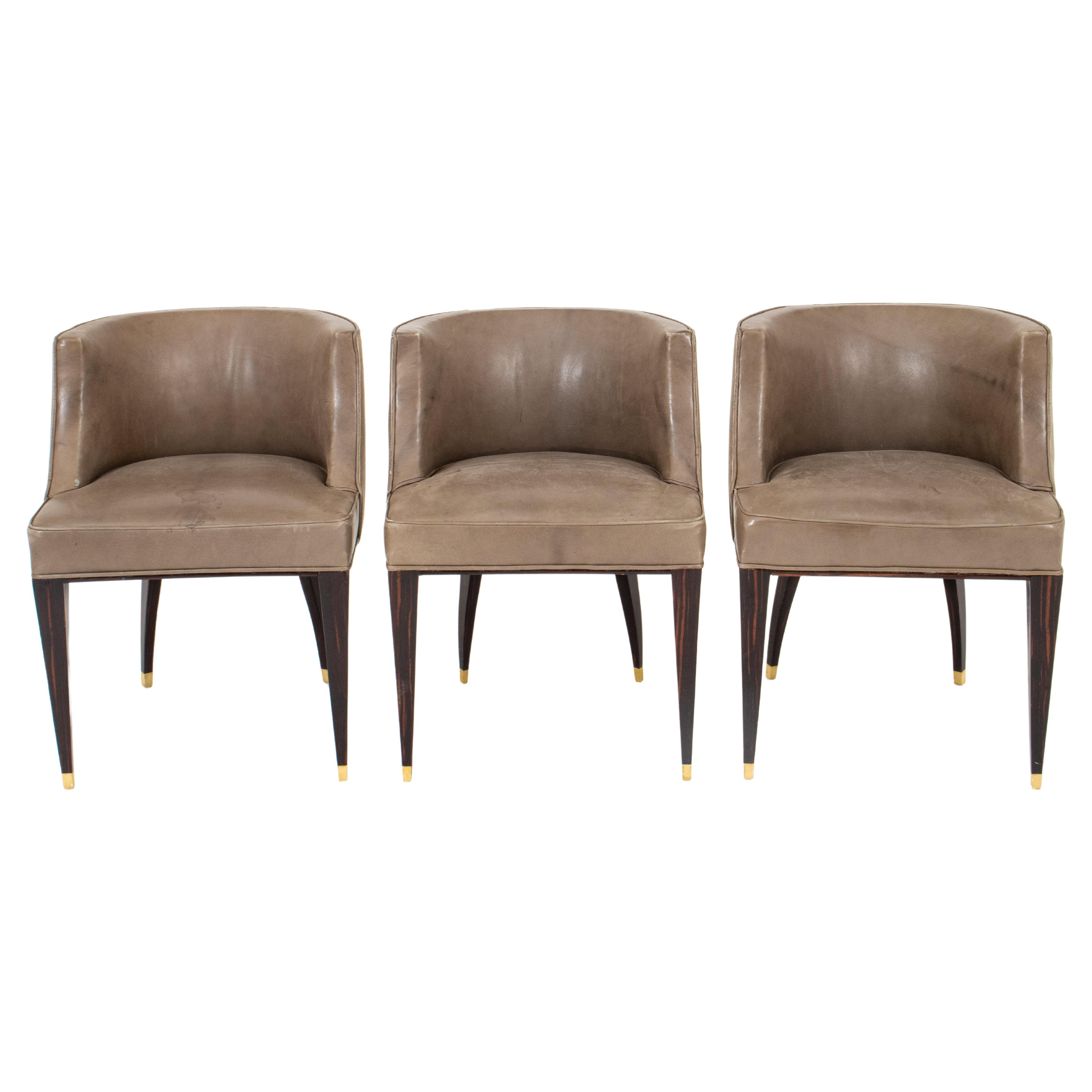 Art Deco Leather & Macassar Side Chairs, 3