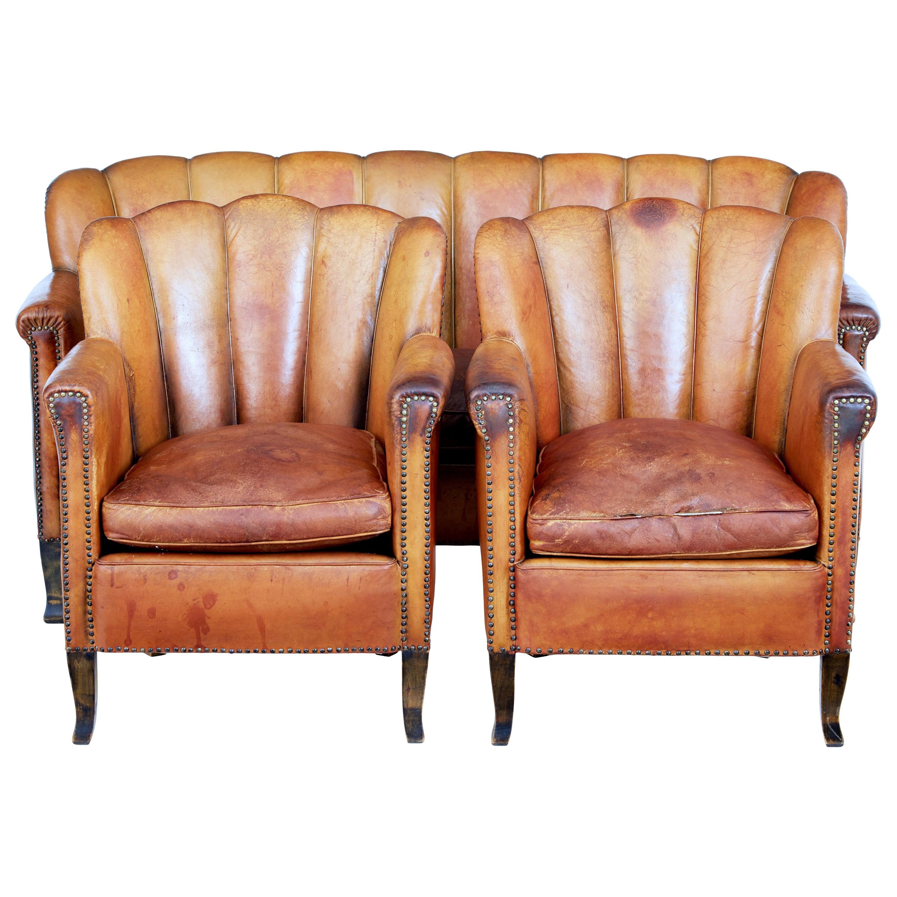 Art Deco Leather Shell Back 3-Piece Suite