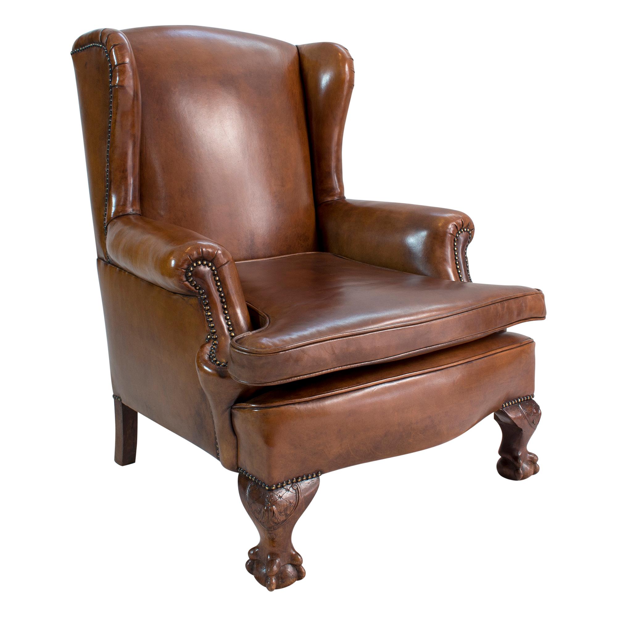 German Art Deco Leather Wingback Armchair For Sale