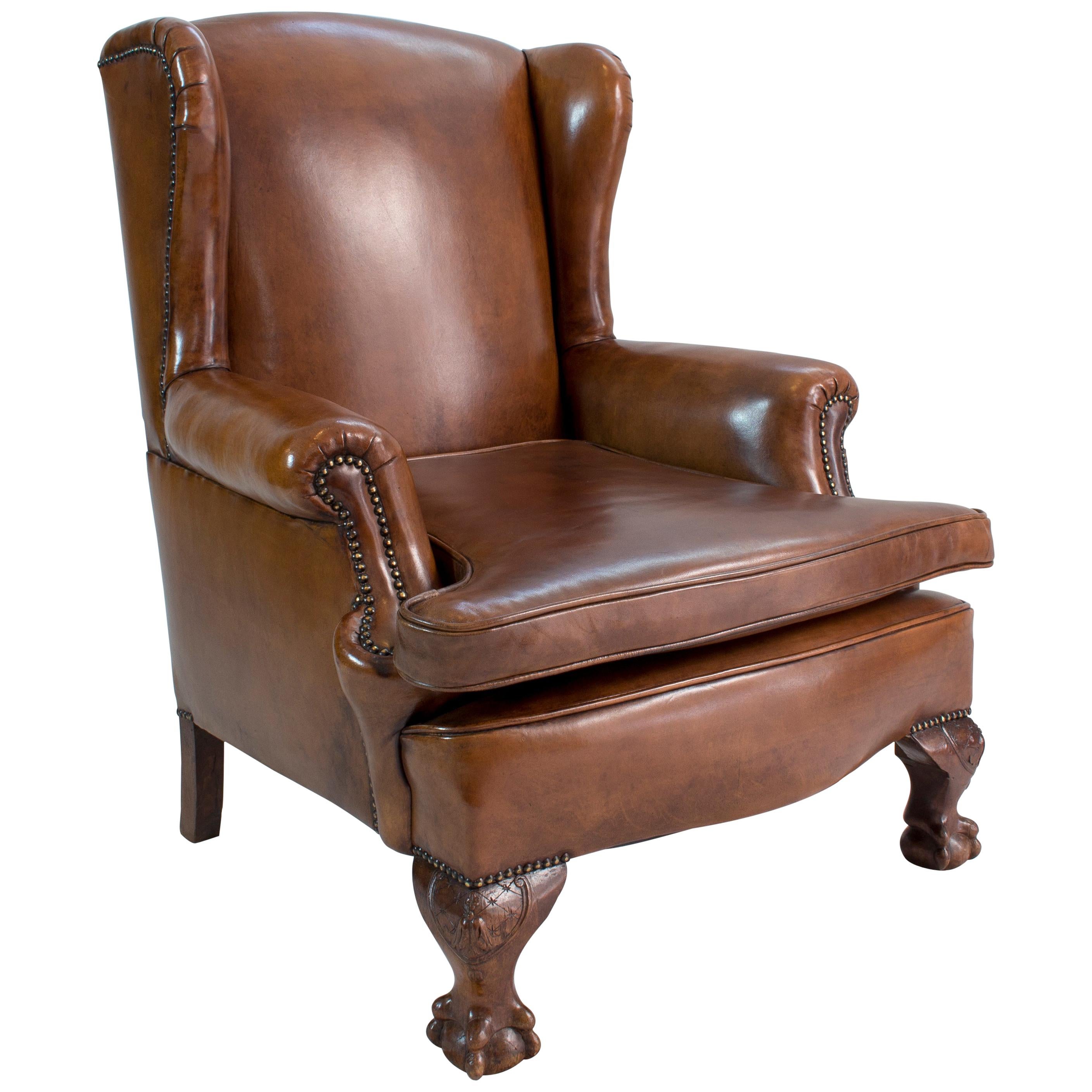 Art Deco Leather Wingback Armchair For Sale