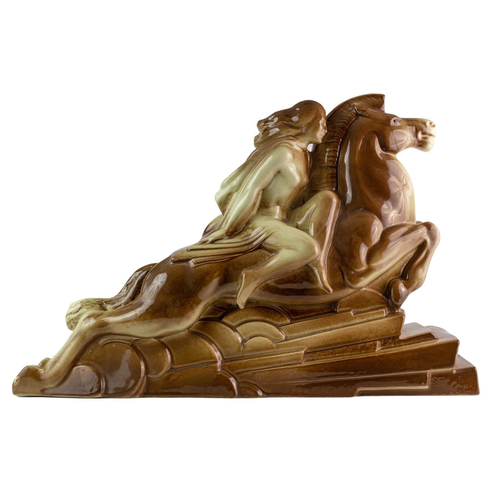 Art Deco Lemanceau Ceramic Sculpture Titled "Valkyrie" For Sale