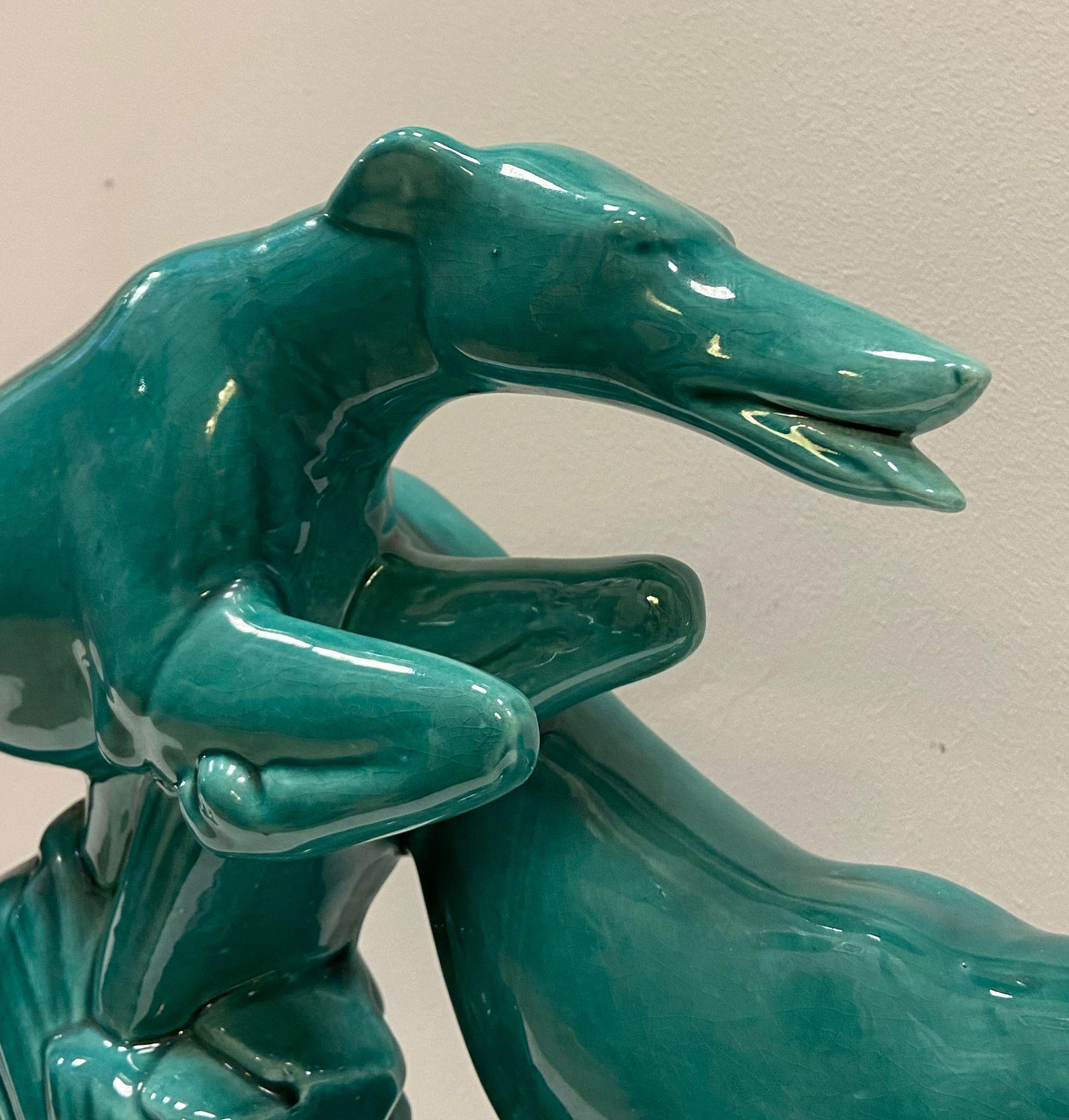 Art Deco Lemanceau Greyhounds Green Ceramic Sculpture 4
