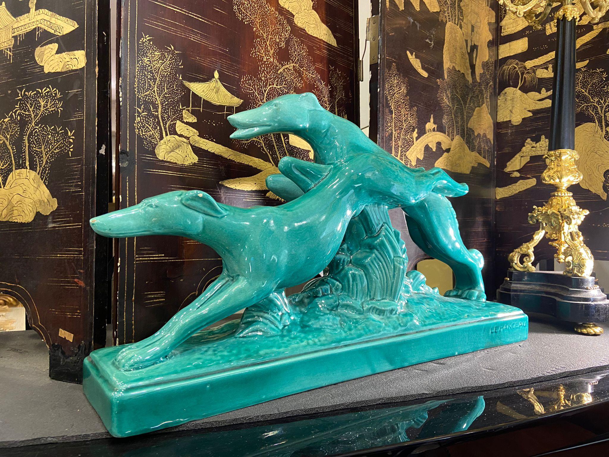 Art Deco Lemanceau Greyhounds Green Ceramic Sculpture 6