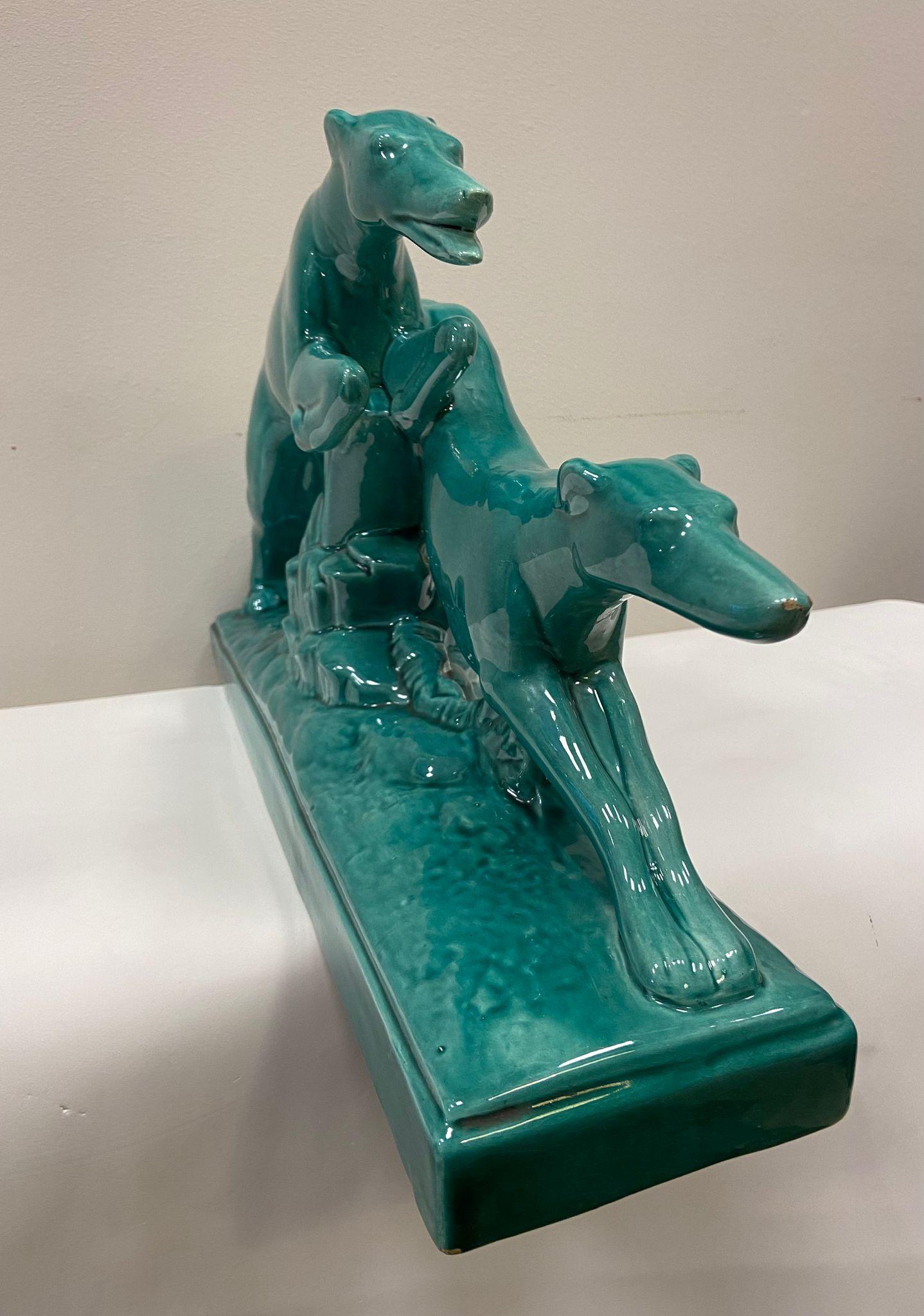 Art Deco Lemanceau Greyhounds Green Ceramic Sculpture 13