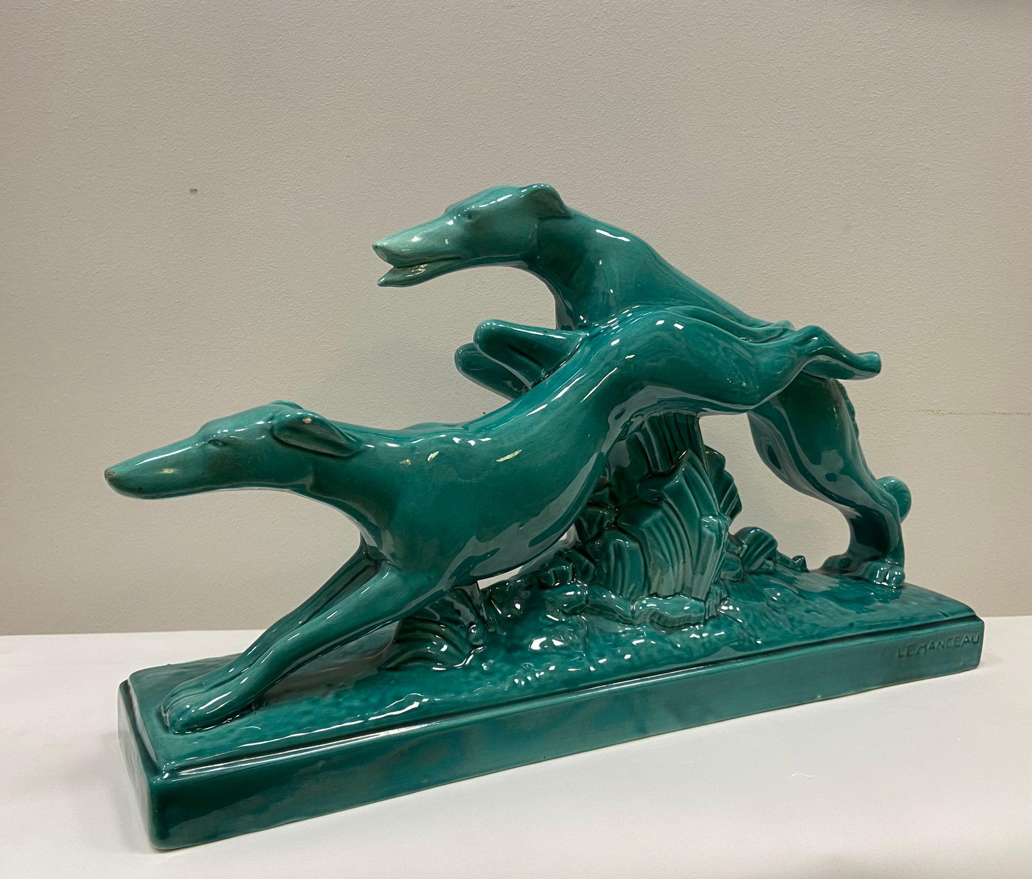 French Art Deco Lemanceau Greyhounds Green Ceramic Sculpture