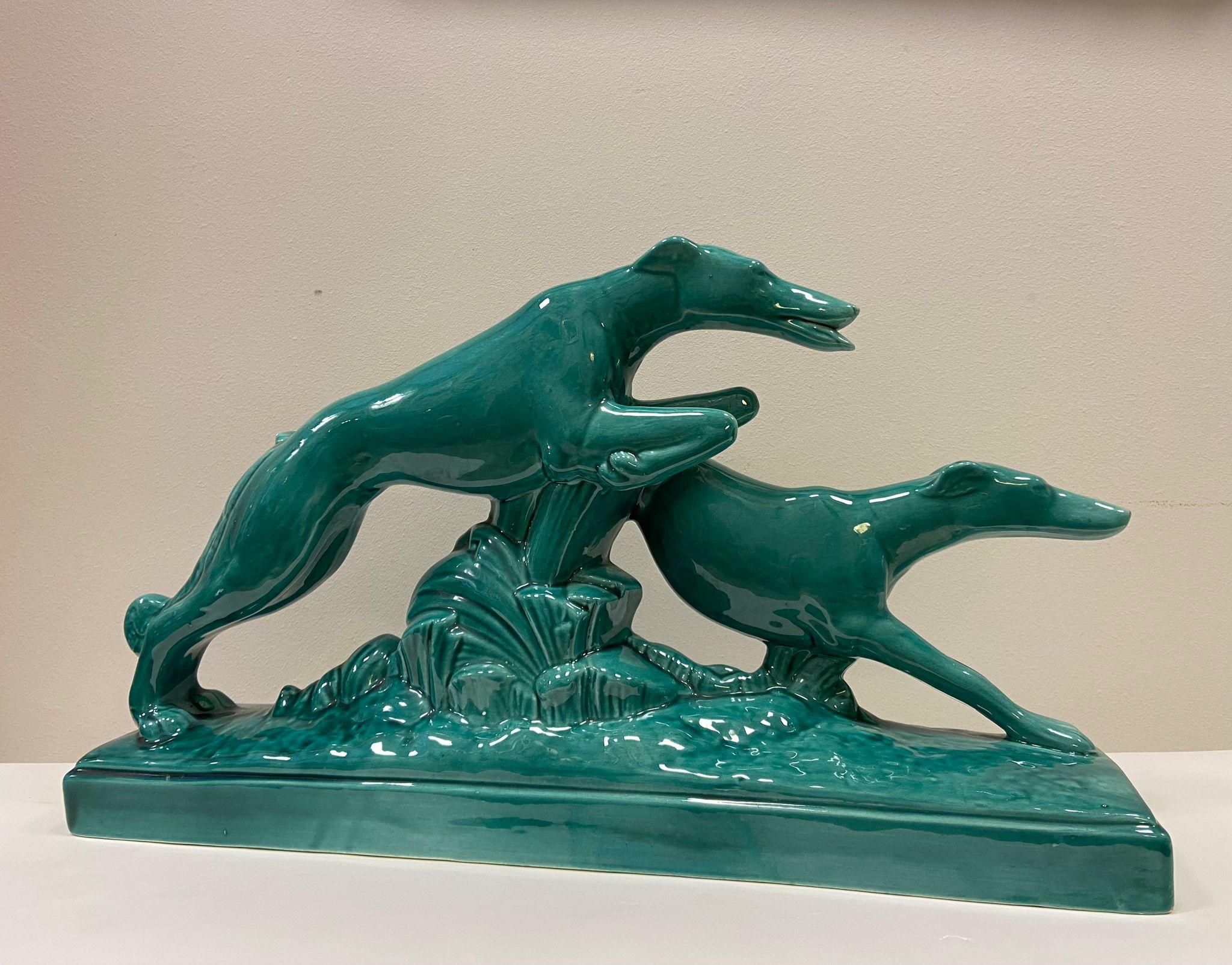 Hand-Crafted Art Deco Lemanceau Greyhounds Green Ceramic Sculpture