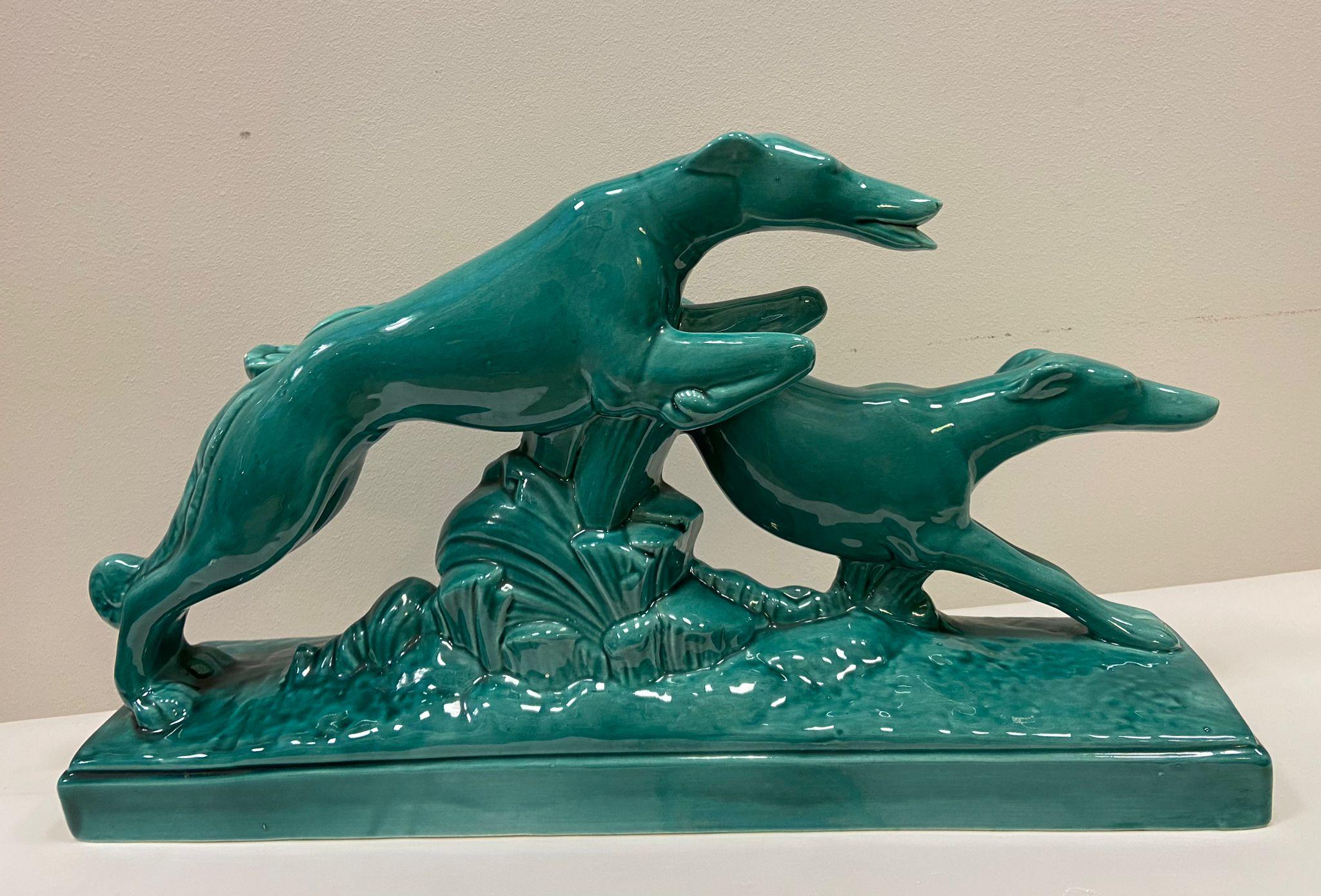 Mid-20th Century Art Deco Lemanceau Greyhounds Green Ceramic Sculpture