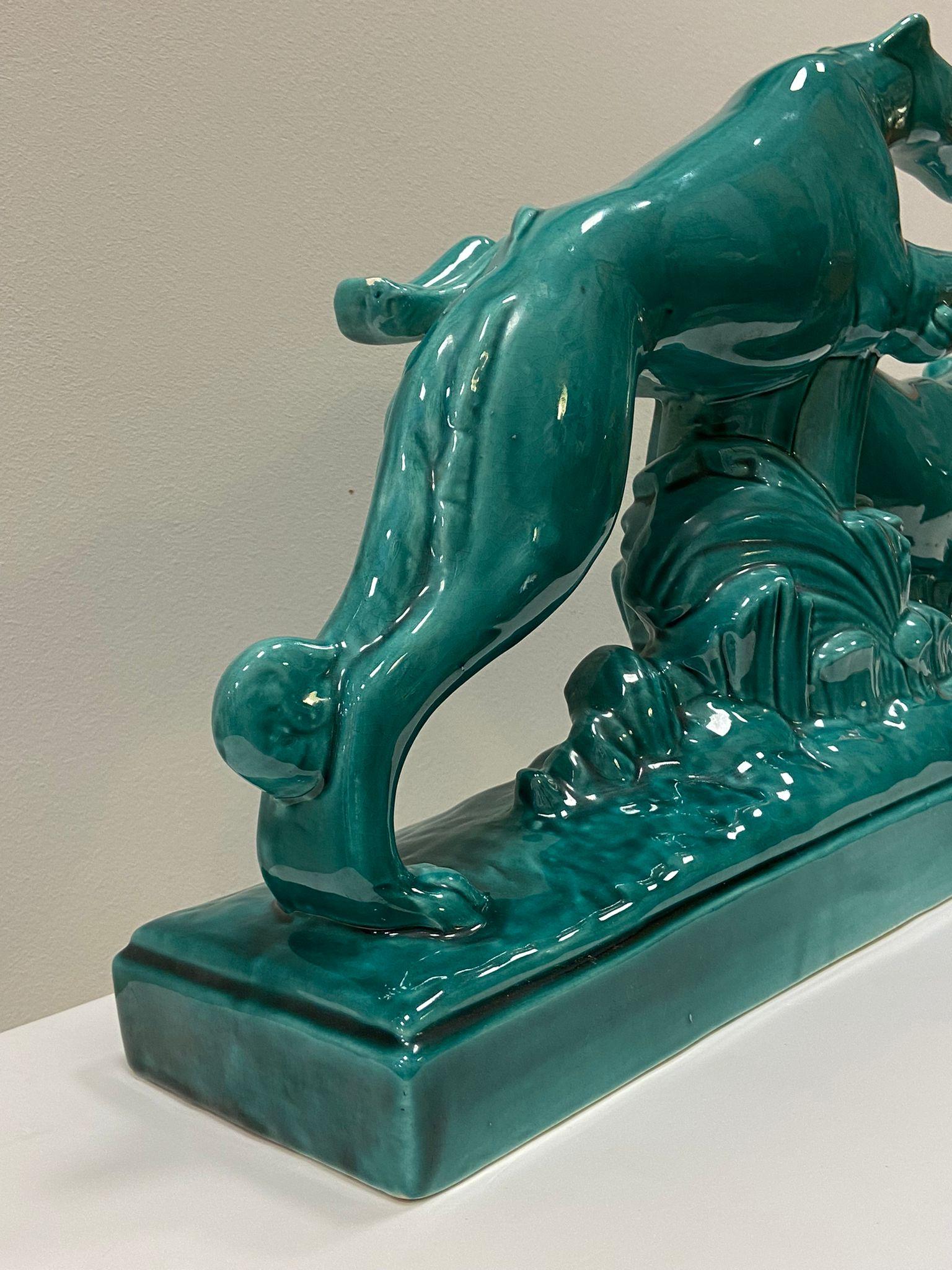 Art Deco Lemanceau Greyhounds Green Ceramic Sculpture 3