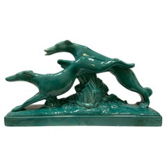 Art Deco Lemanceau Greyhounds Green Ceramic Sculpture