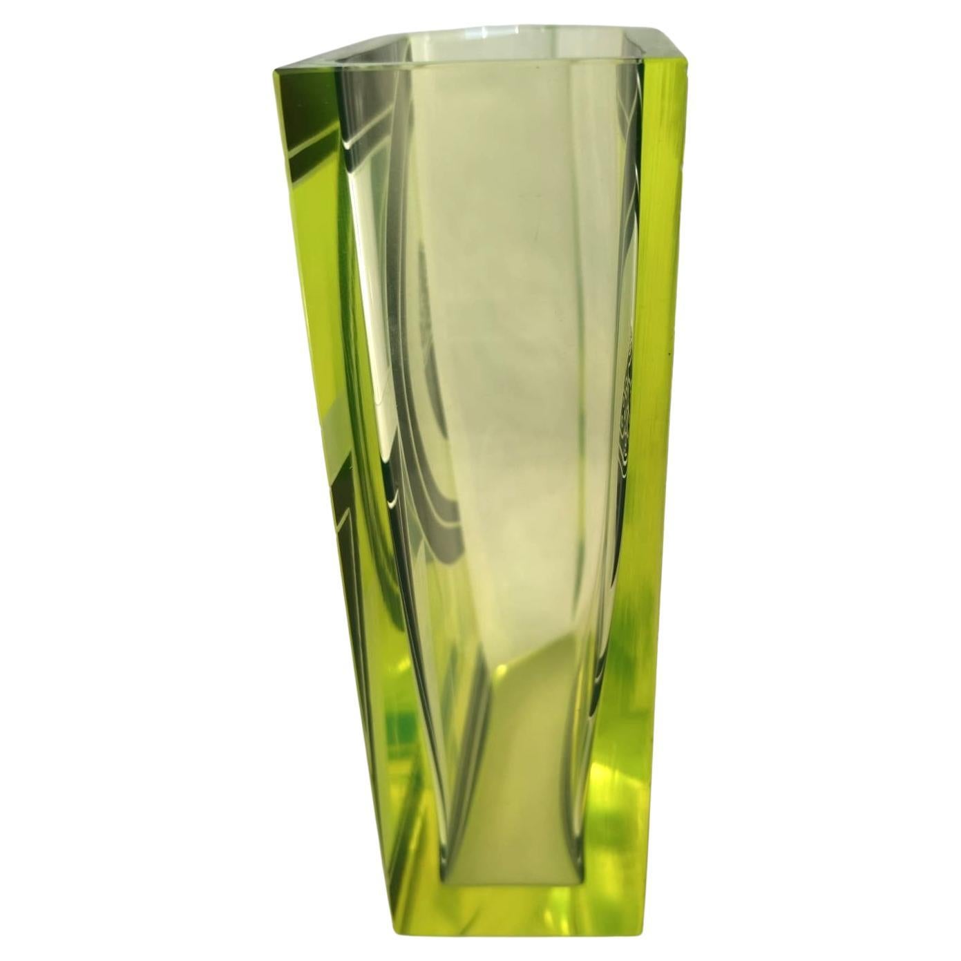Tchèque Art Deco Lemon Yellow Geometric Enamel Decorated Glass Vase, c1930 en vente