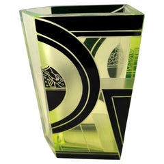 Art Deco Lemon Yellow Geometric Enamel Decorated Glass Vase, c1930