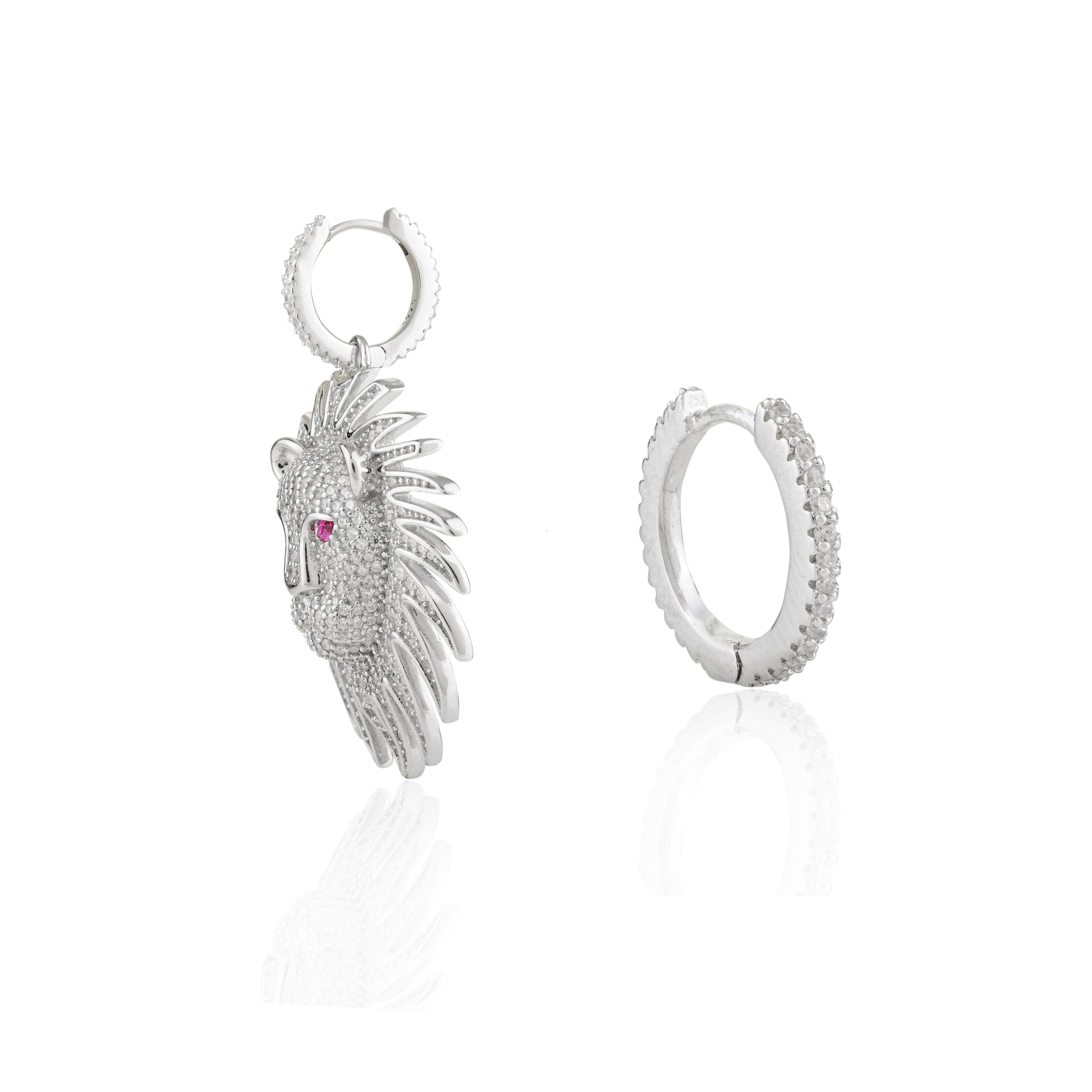 Modernist Art Deco Style Leo Lion Charm Rhinestone Hoop Earrings in 925 Silver For Sale