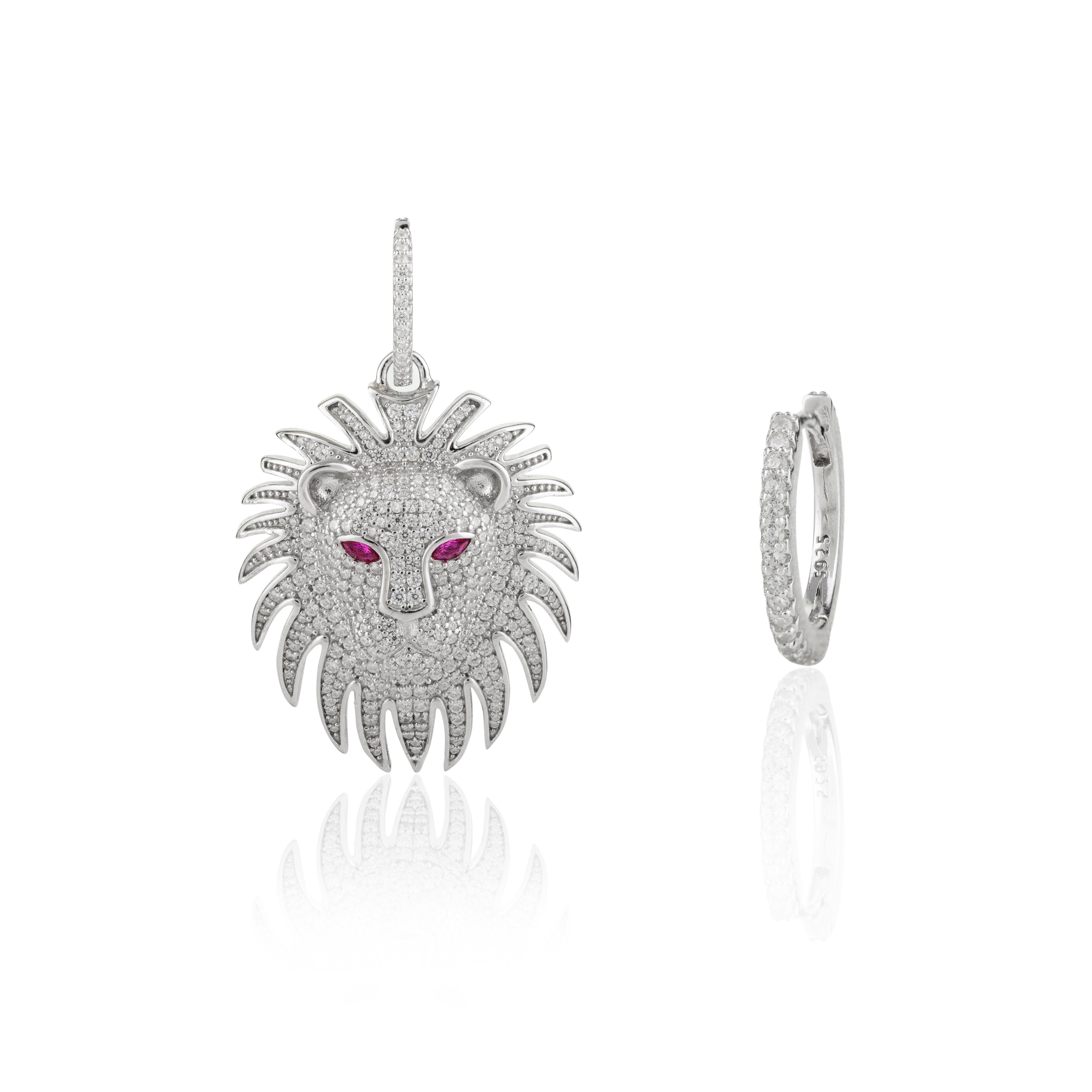 Art Deco Style Leo Lion Charm Rhinestone Hoop Earrings in 925 Silver In New Condition For Sale In New York, NY