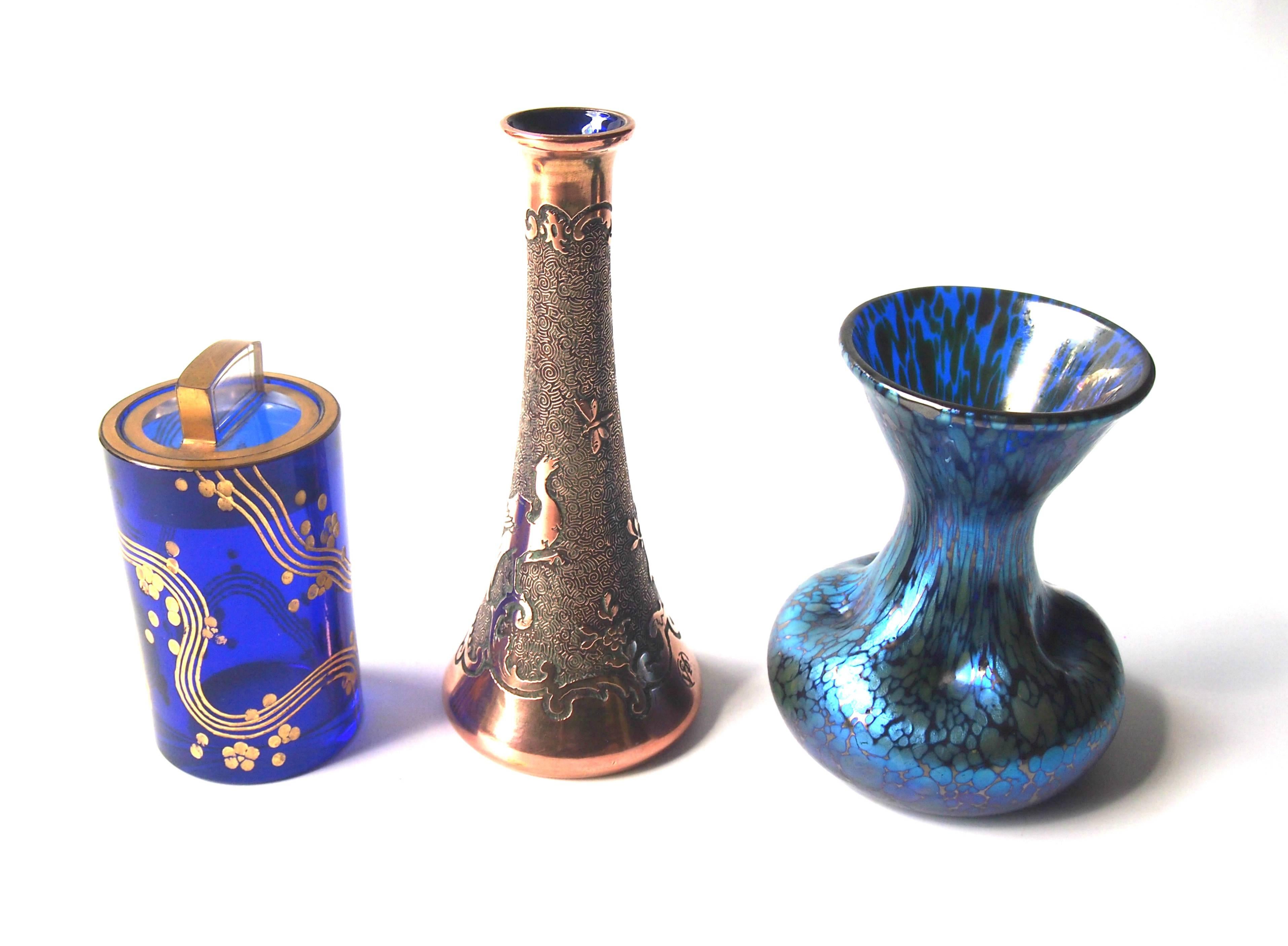 Art Deco Leon Ledru Crystal Blue Glass & Copper Clad Vase for Val Saint Lambert 2