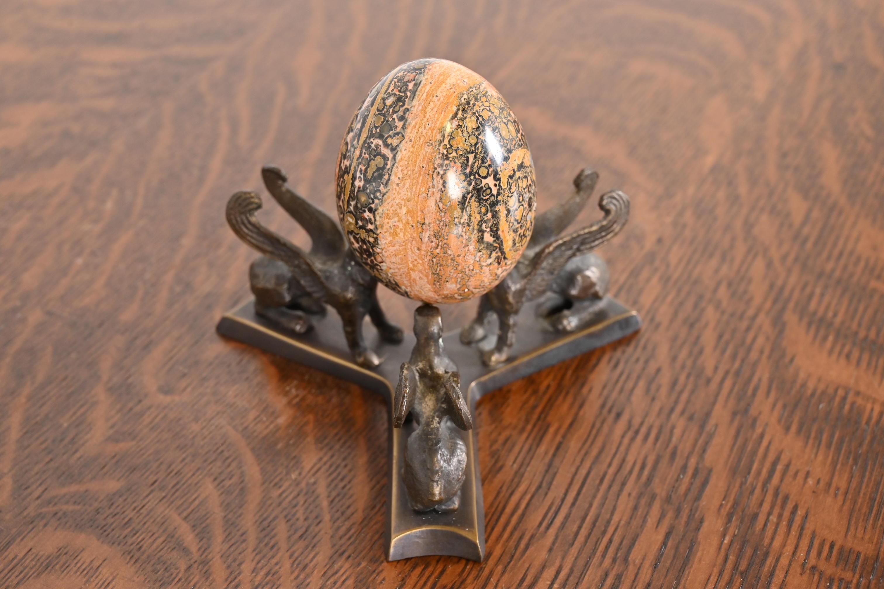 Art Deco Leopard Skin Jasper Egg on Bronze Base With Griffins In Good Condition For Sale In South Bend, IN