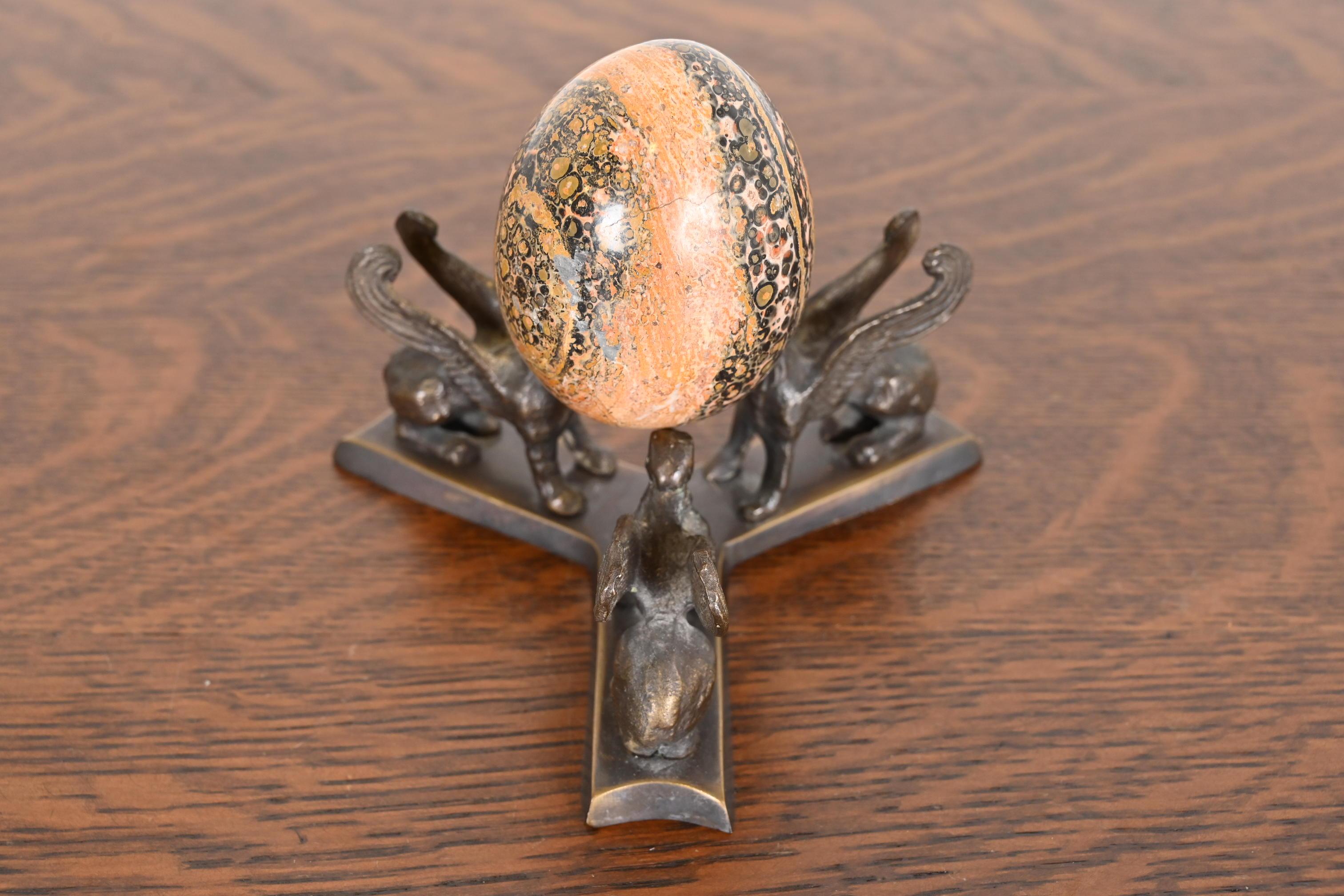 Art Deco Leopard Skin Jasper Egg on Bronze Base With Griffins For Sale 1