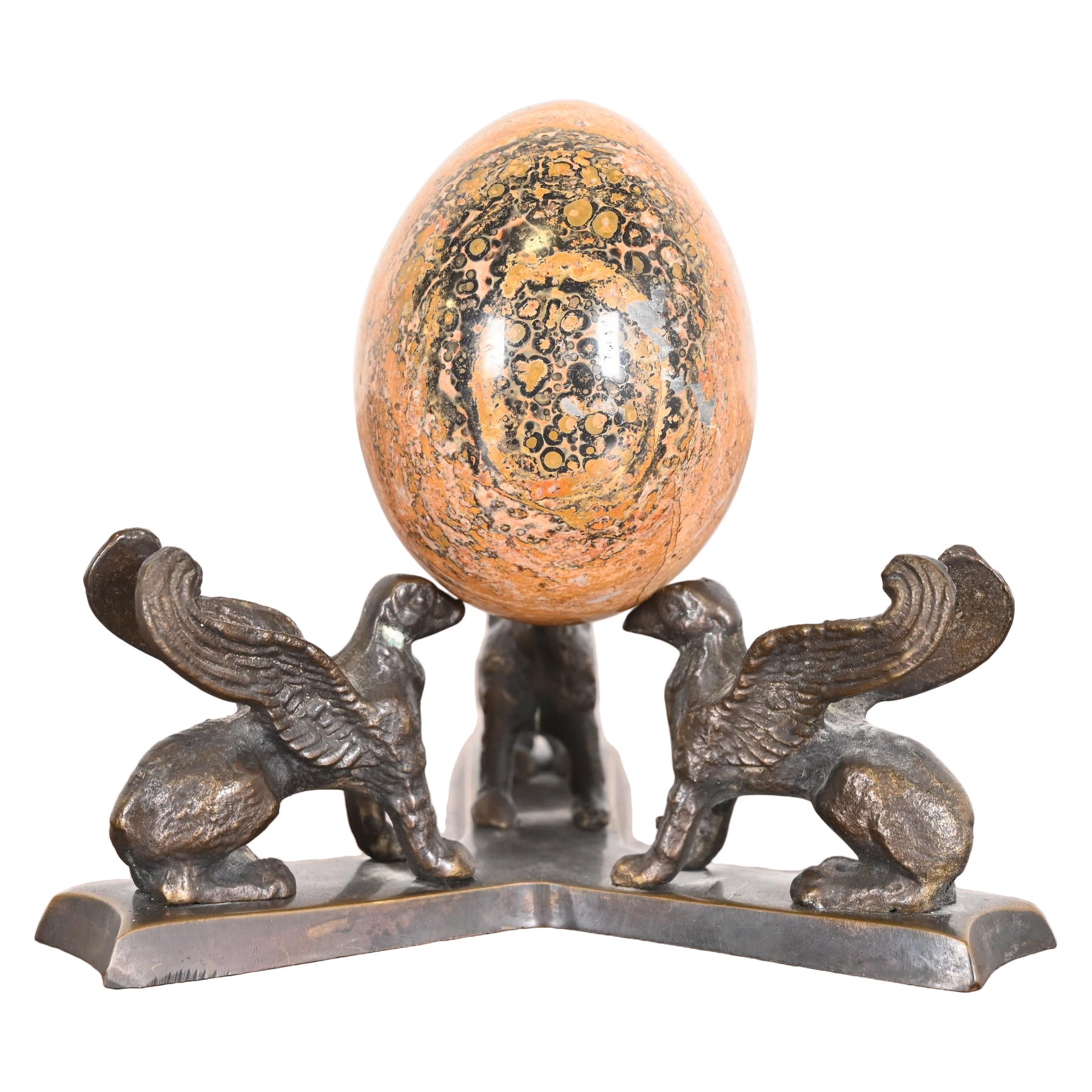 Art Deco Leopard Skin Jasper Egg on Bronze Base With Griffins For Sale