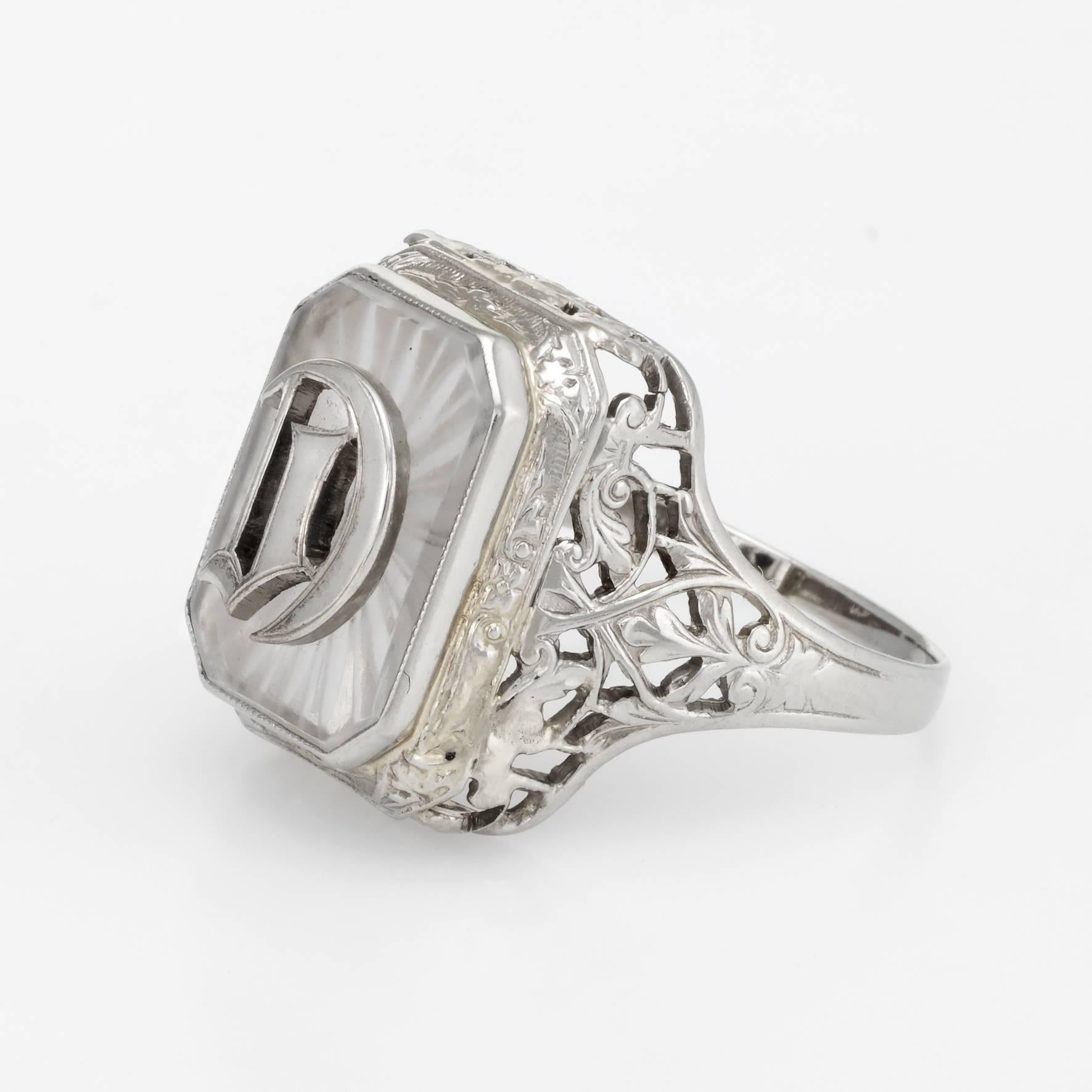 Women's or Men's Art Deco Letter D Rock Crystal Cocktail Filigree Ring