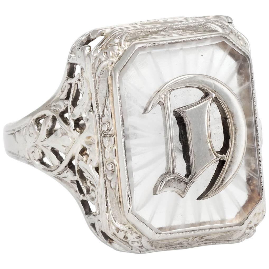Art Deco Letter D Rock Crystal Cocktail Filigree Ring