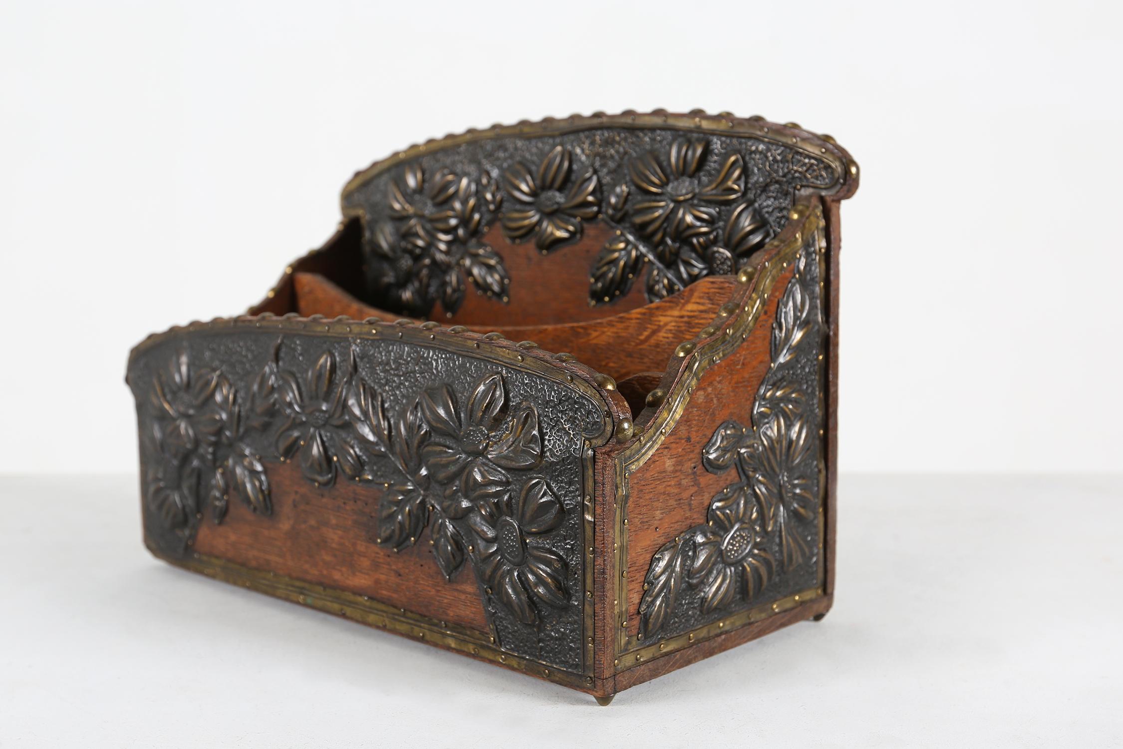 French Art Deco letter holder in wood and metal sculpture flowers.