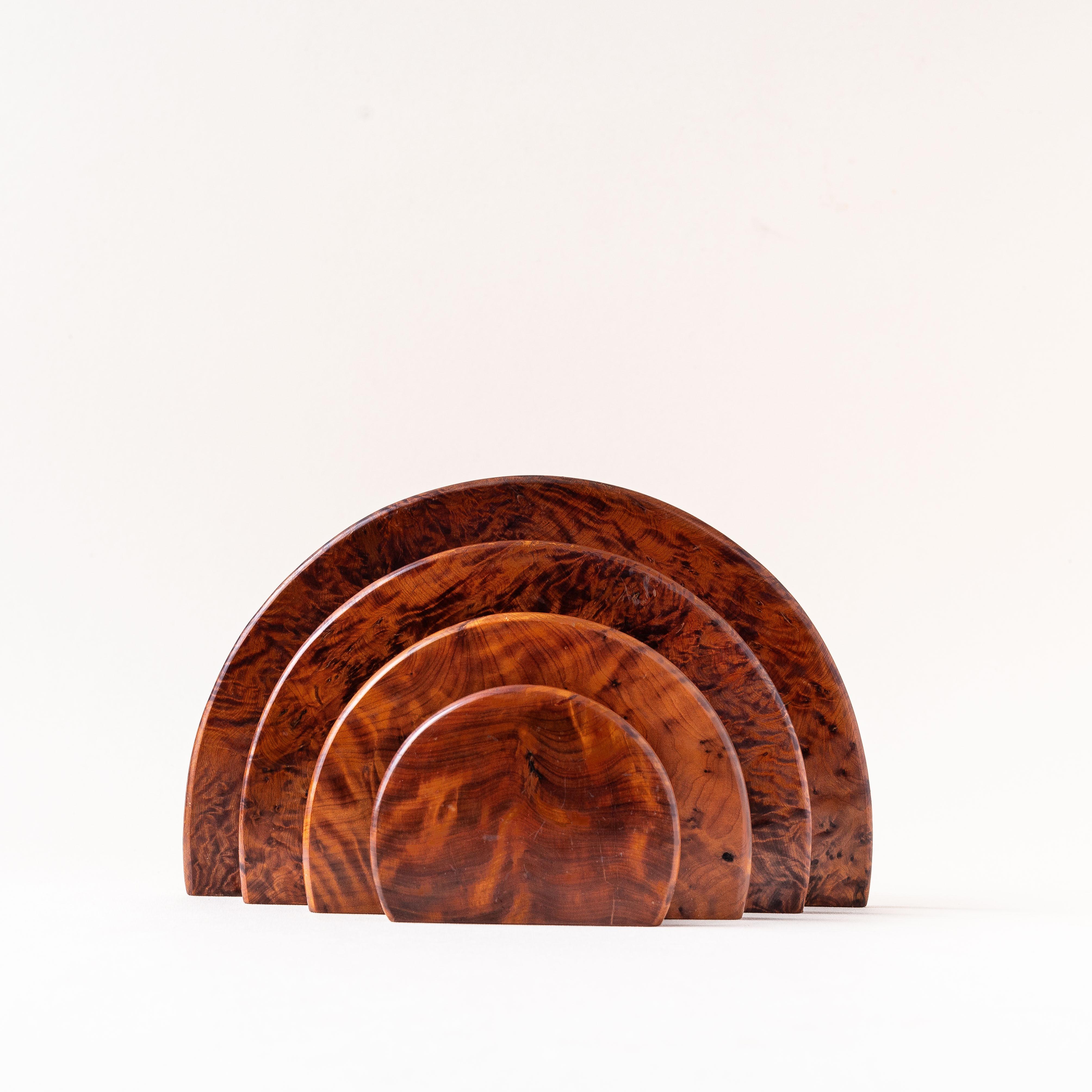 Very elegant Art Deco Style letter holder with rounded graphic shapes, from the 1940s.

Made of solid burl wood (not veneer), which is a rare growth of the trunk.

The wood essence is very most likely thuya on that piece, which was a typical
