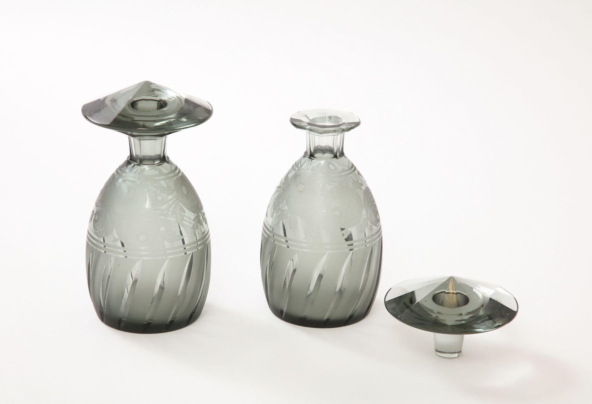 Mid-20th Century Art Deco Lidded Cut and Etched Crystal Bottles by Moser For Sale