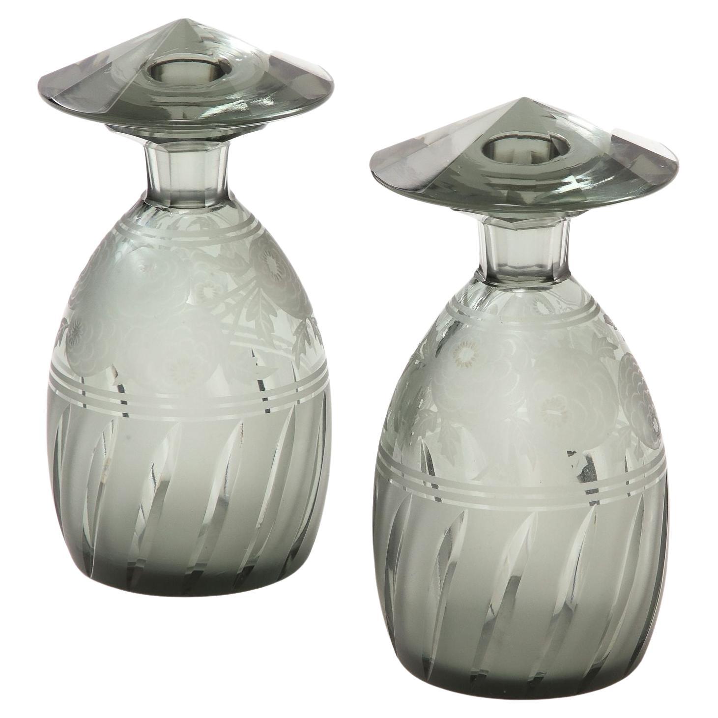 Art Deco Lidded Cut and Etched Crystal Bottles by Moser For Sale