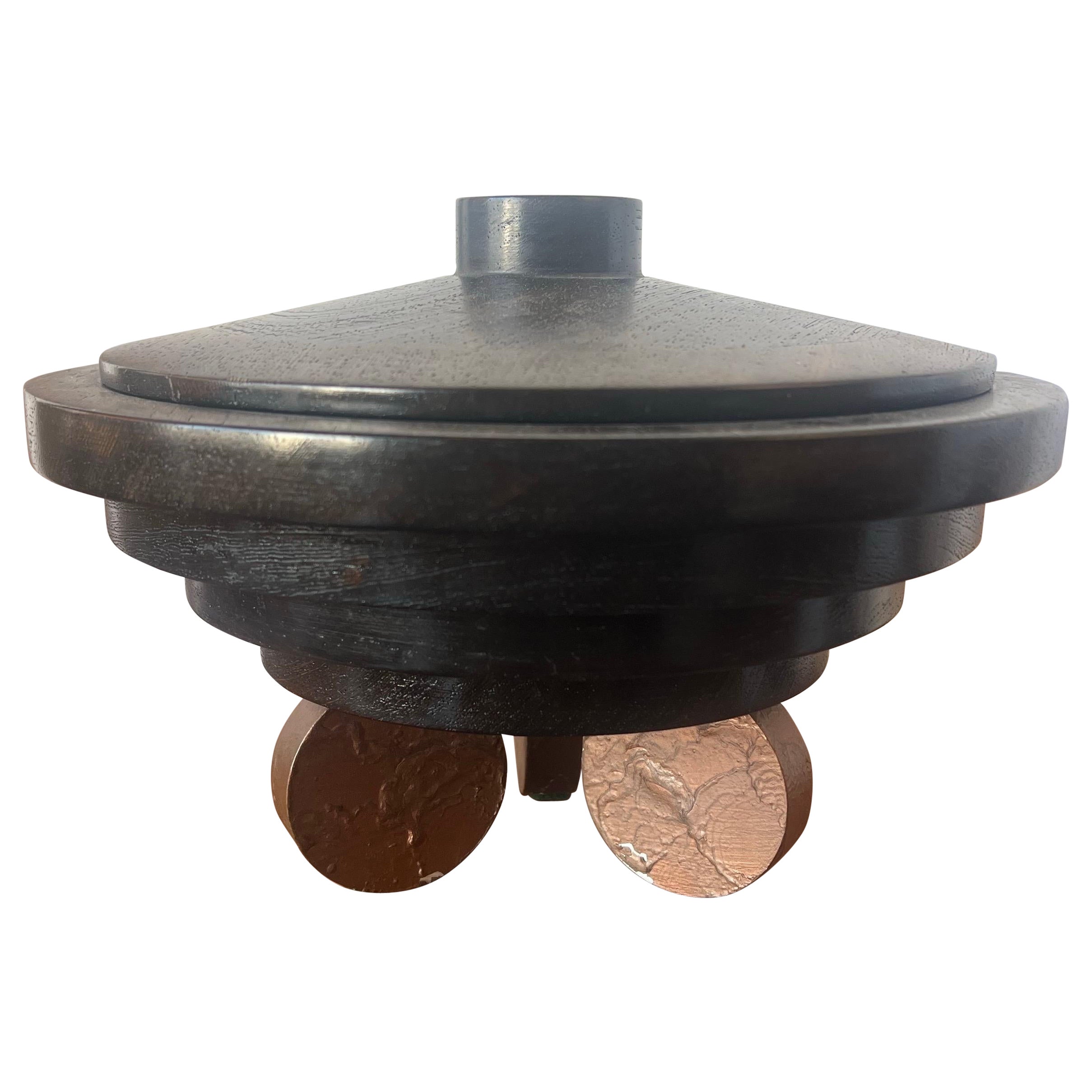 Art Deco Lidded Footed Wenge Wood 
Copper Skyscraper Centerpiece Box Bowl For Sale