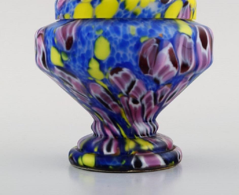 Mid-20th Century Art Deco Lidded Jar in Polychrome Mouth-Blown Art Glass on a Metal Base