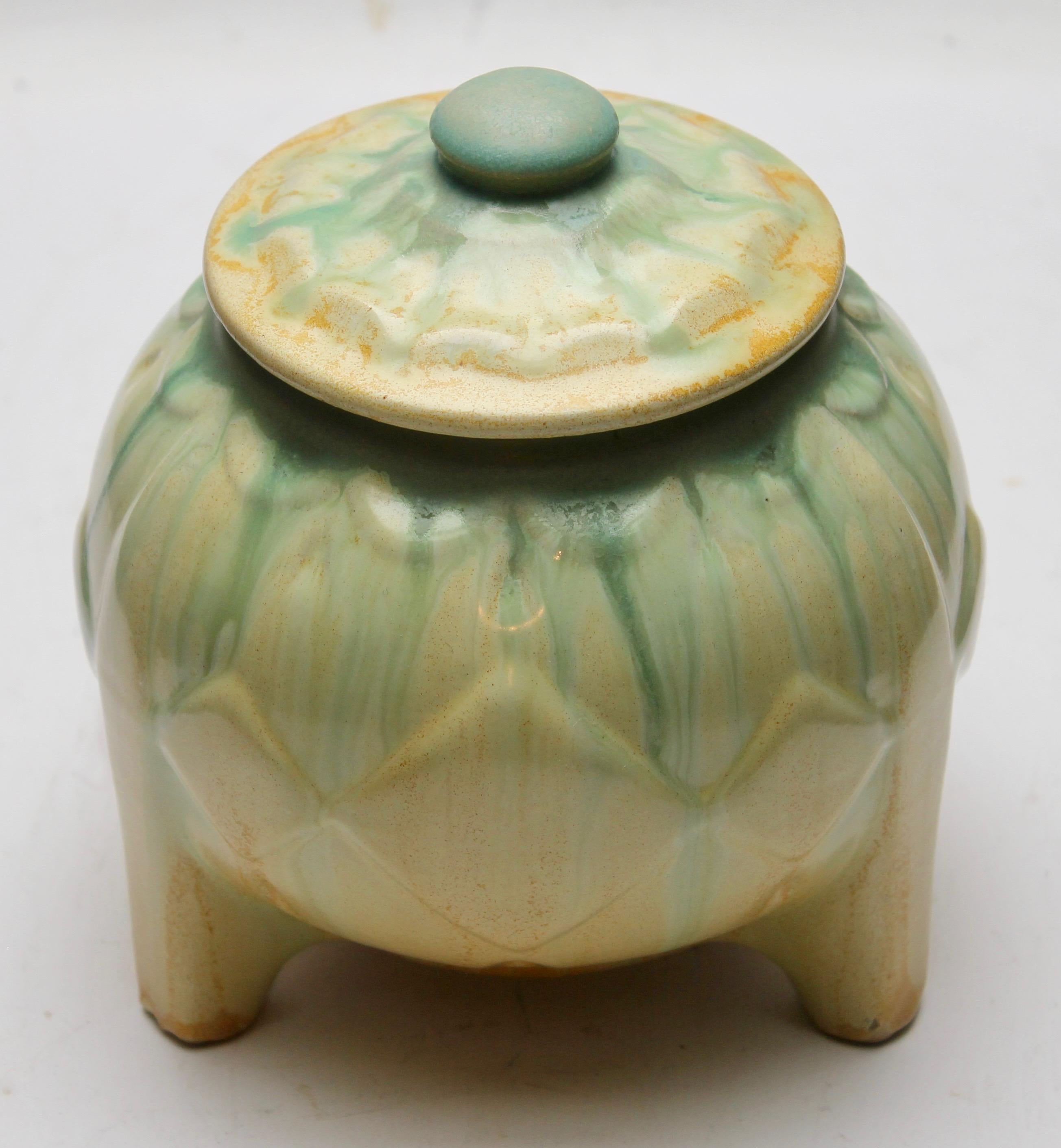 Art Deco Lidded Pot on Three Rectangular Feet with Drip Glazes In Good Condition For Sale In Verviers, BE