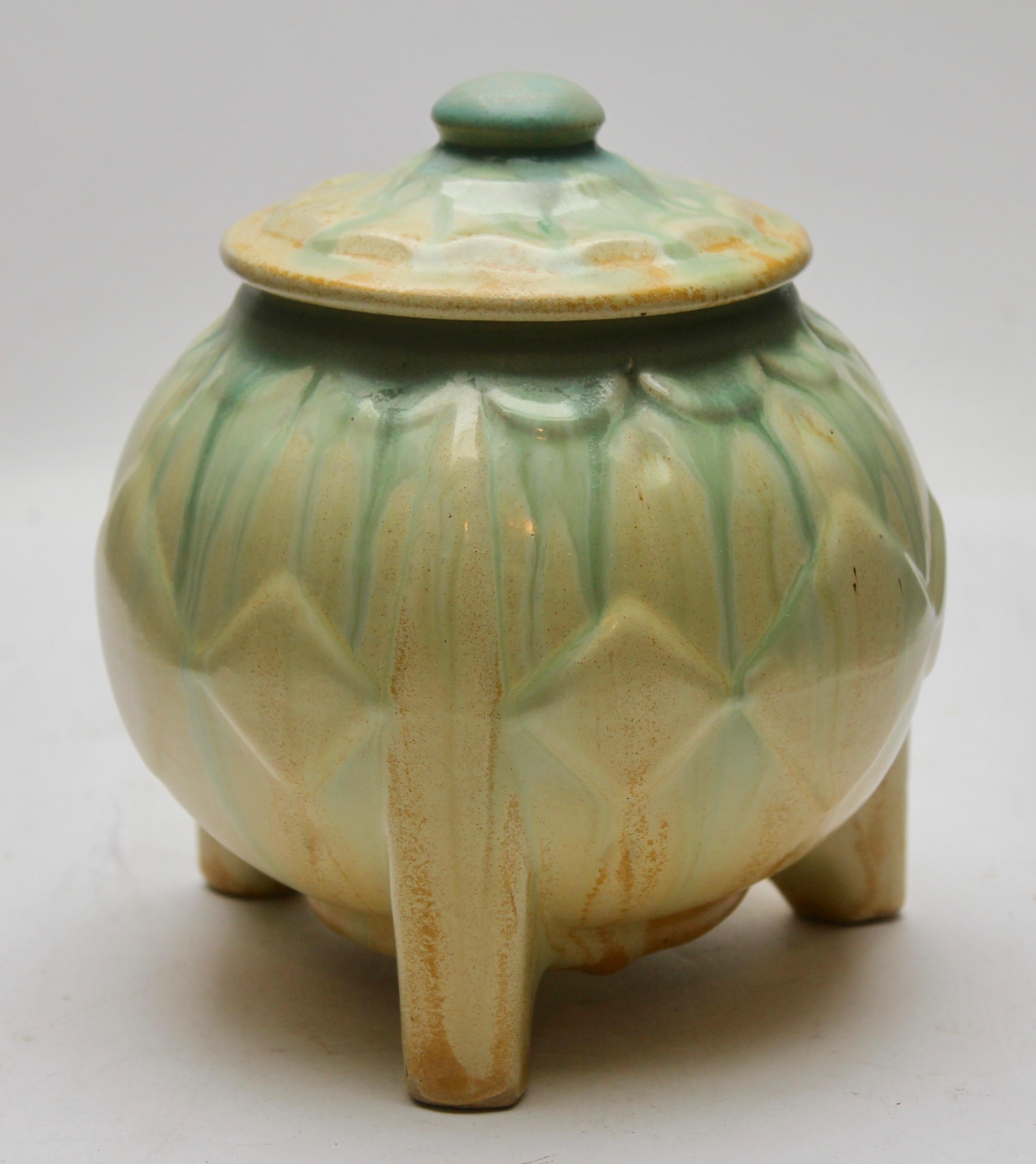 Mid-20th Century Art Deco Lidded Pot on Three Rectangular Feet with Drip Glazes For Sale