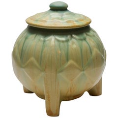 Art Deco Lidded Pot on Three Rectangular Feet with Drip Glazes