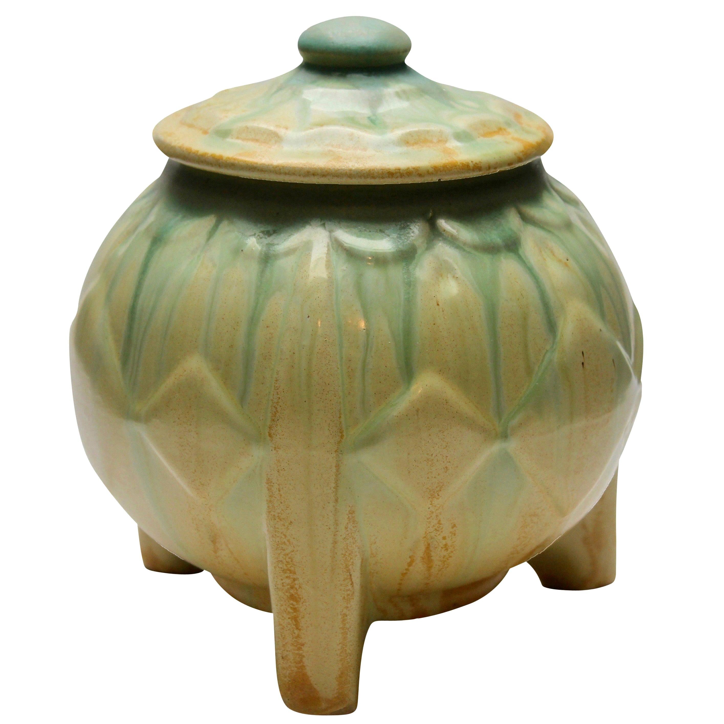 Art Deco Lidded Pot on Three Rectangular Feet with Drip Glazes For Sale