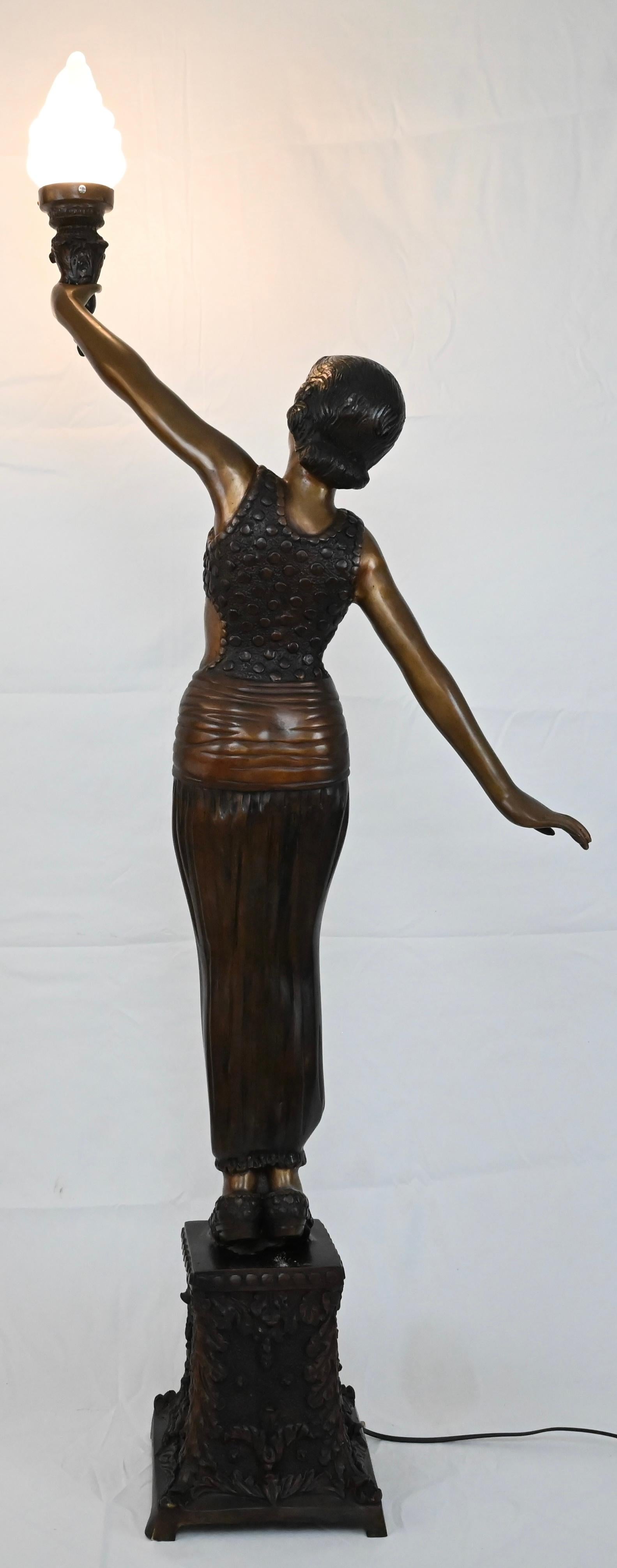 French Art Deco Style Life-Size Bronze Lamp Statue with Torchiere 4