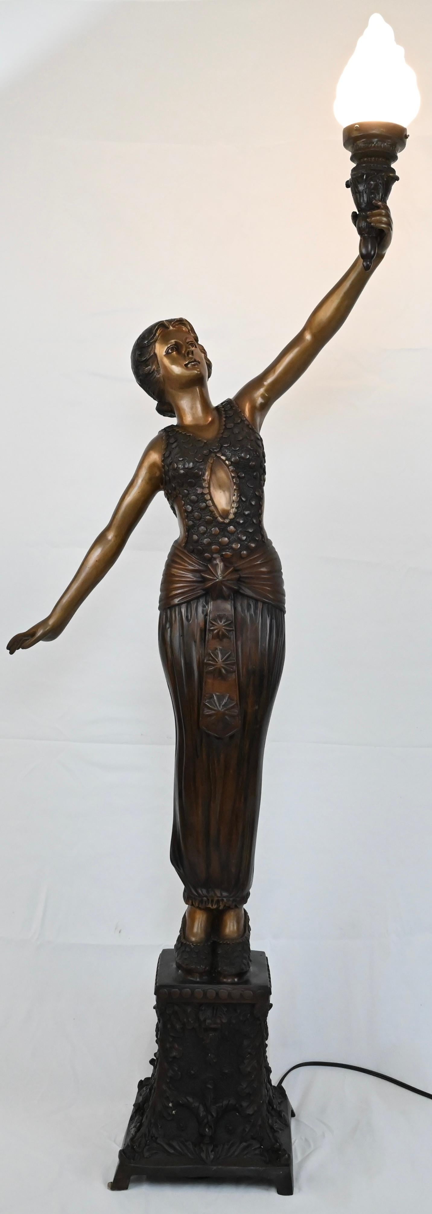 Cast French Art Deco Style Life-Size Bronze Lamp Statue with Torchiere