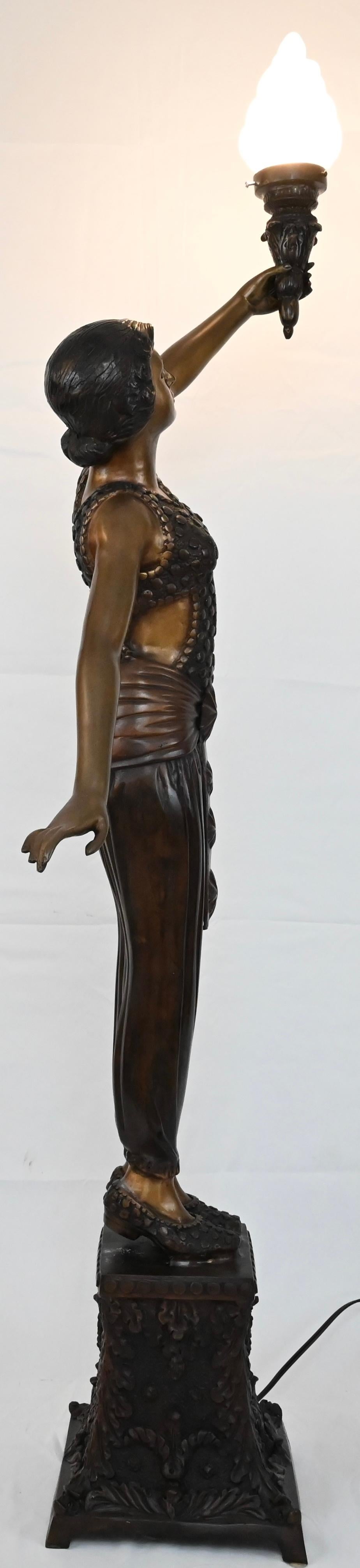 French Art Deco Style Life-Size Bronze Lamp Statue with Torchiere 3