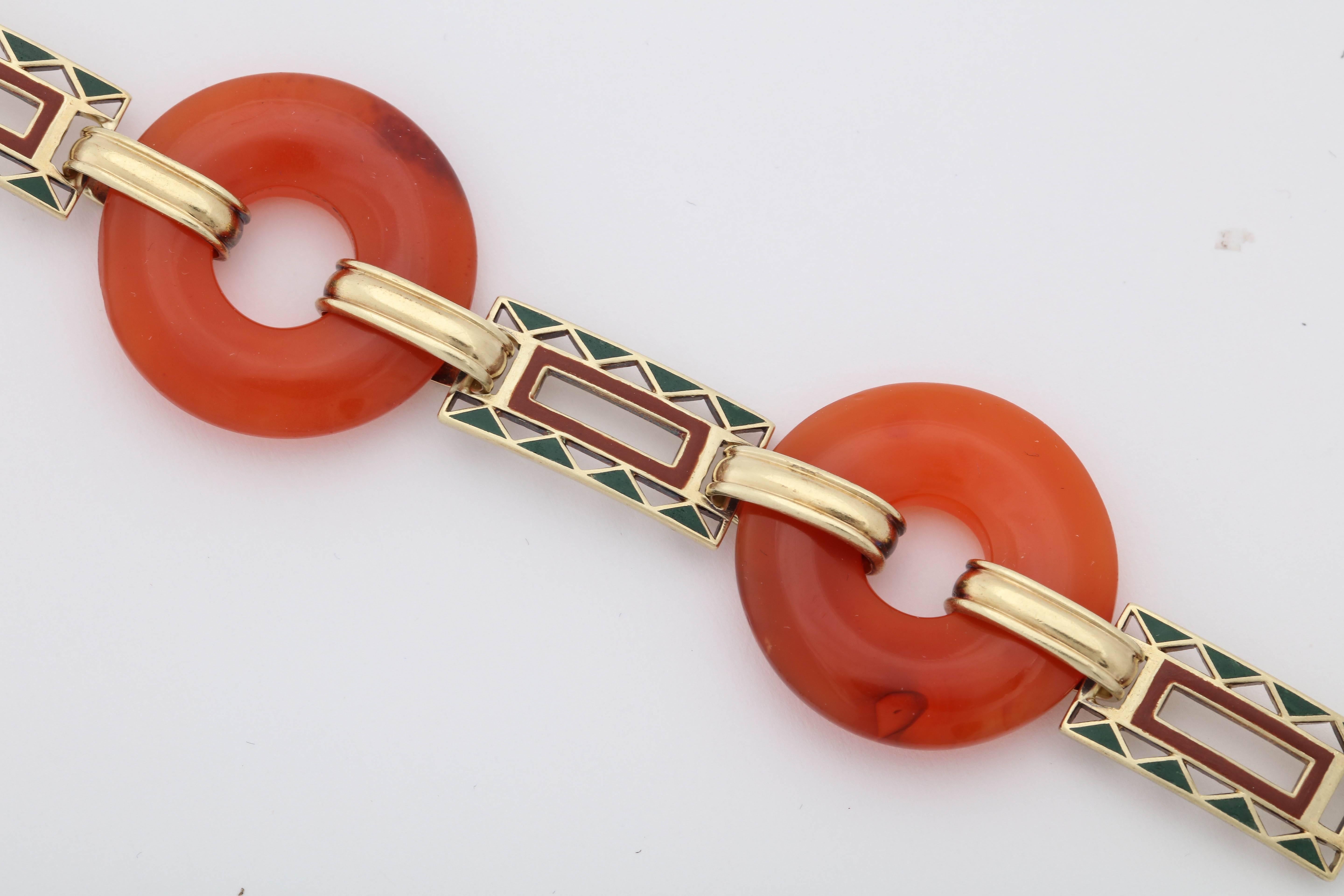 Round Cut Art Deco Lifesaver Cut Carnelian with Green and Orange Enamel Link Bracelet