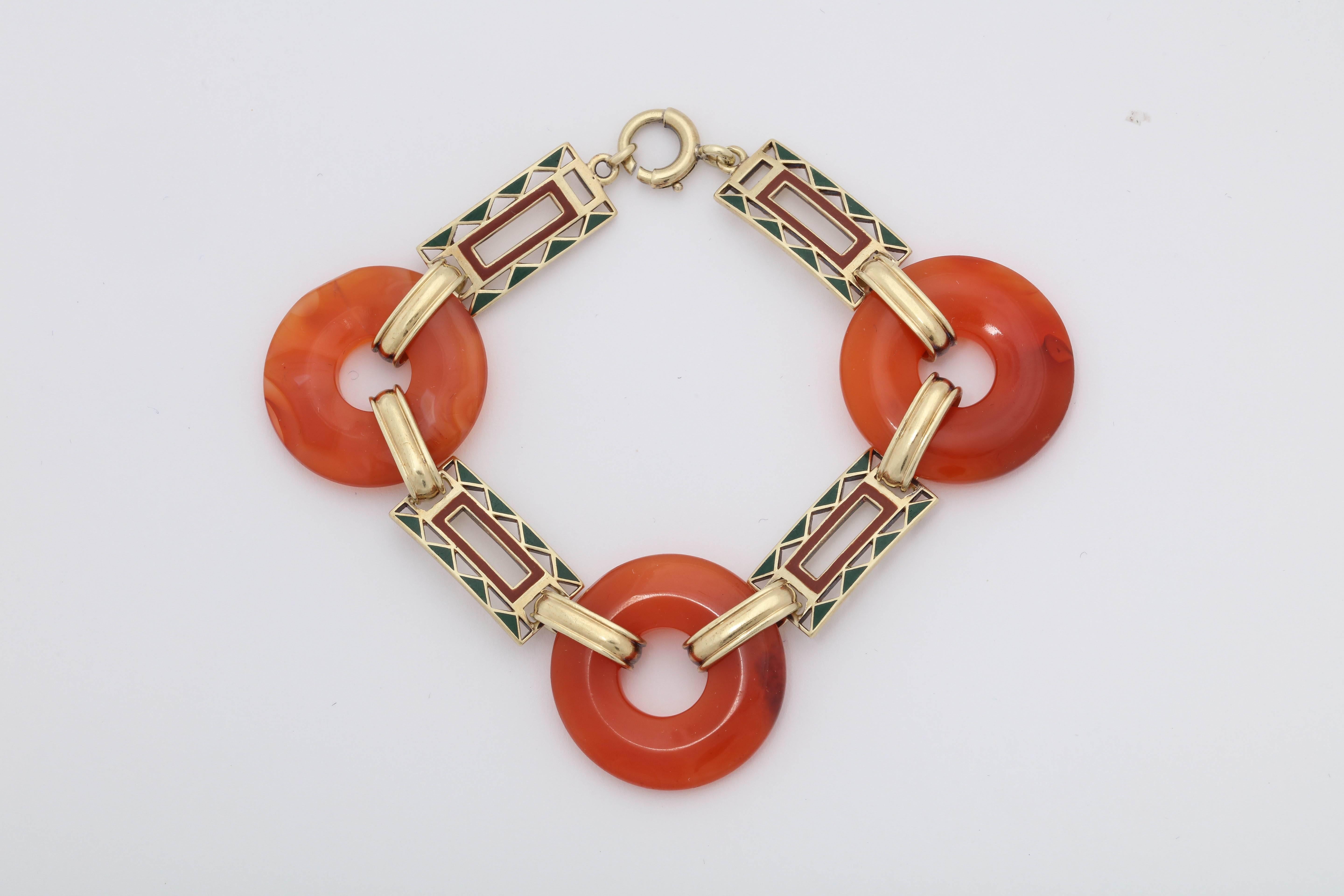 Art Deco Lifesaver Cut Carnelian with Green and Orange Enamel Link Bracelet In Good Condition In New York, NY