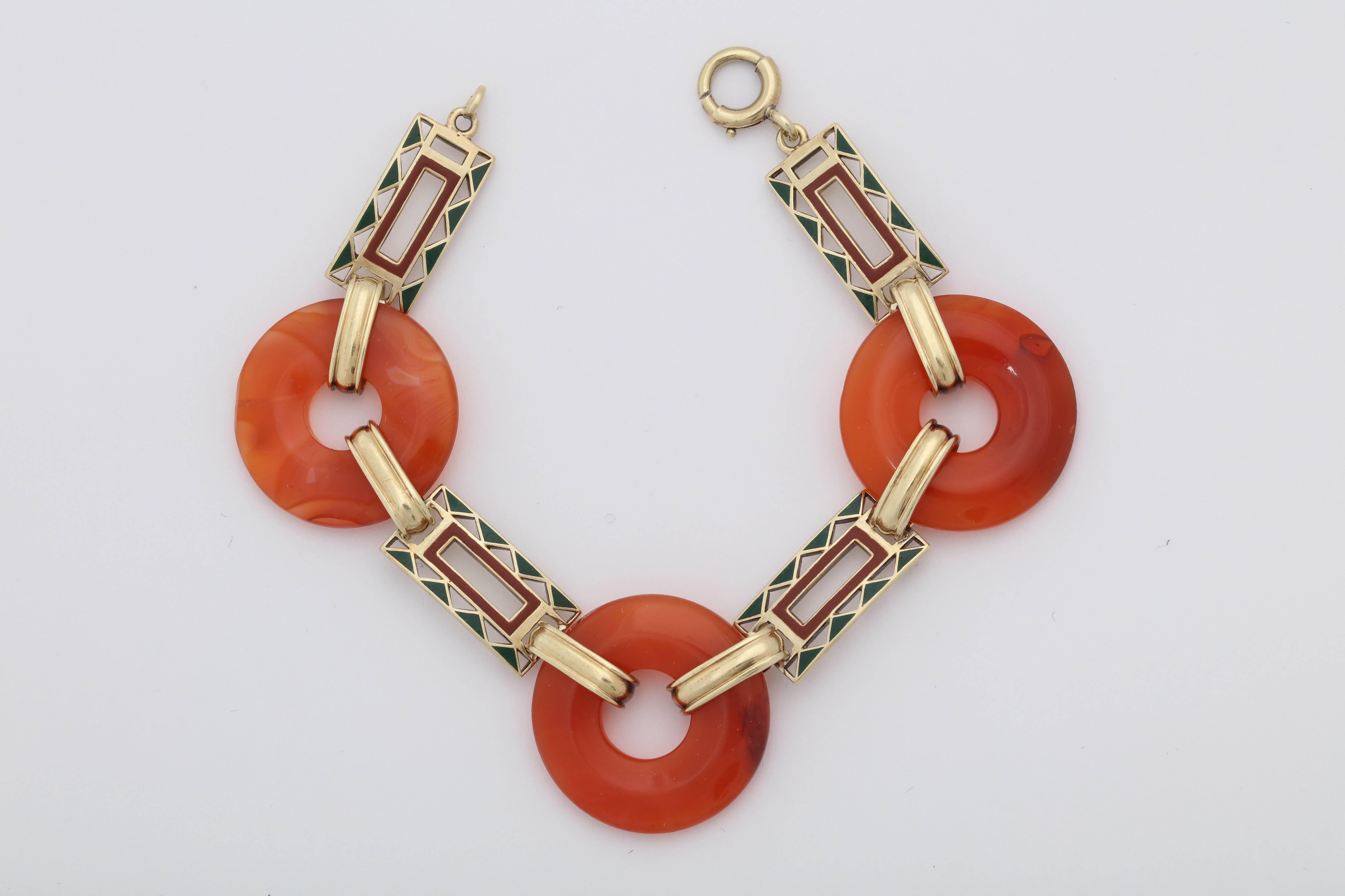 Women's Art Deco Lifesaver Cut Carnelian with Green and Orange Enamel Link Bracelet