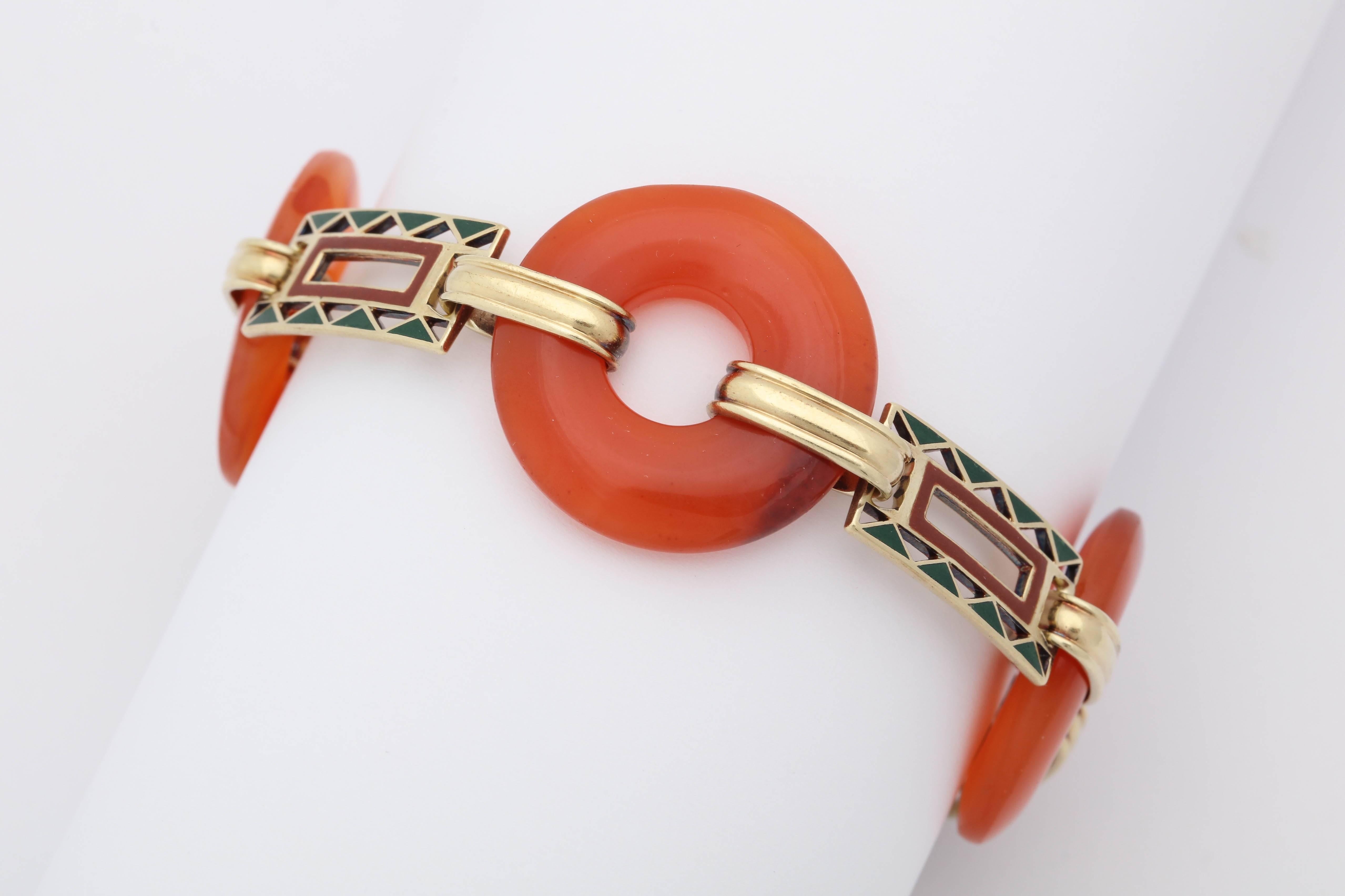 Art Deco Lifesaver Cut Carnelian with Green and Orange Enamel Link Bracelet 2