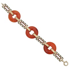 Art Deco Lifesaver Cut Carnelian with Green and Orange Enamel Link Bracelet