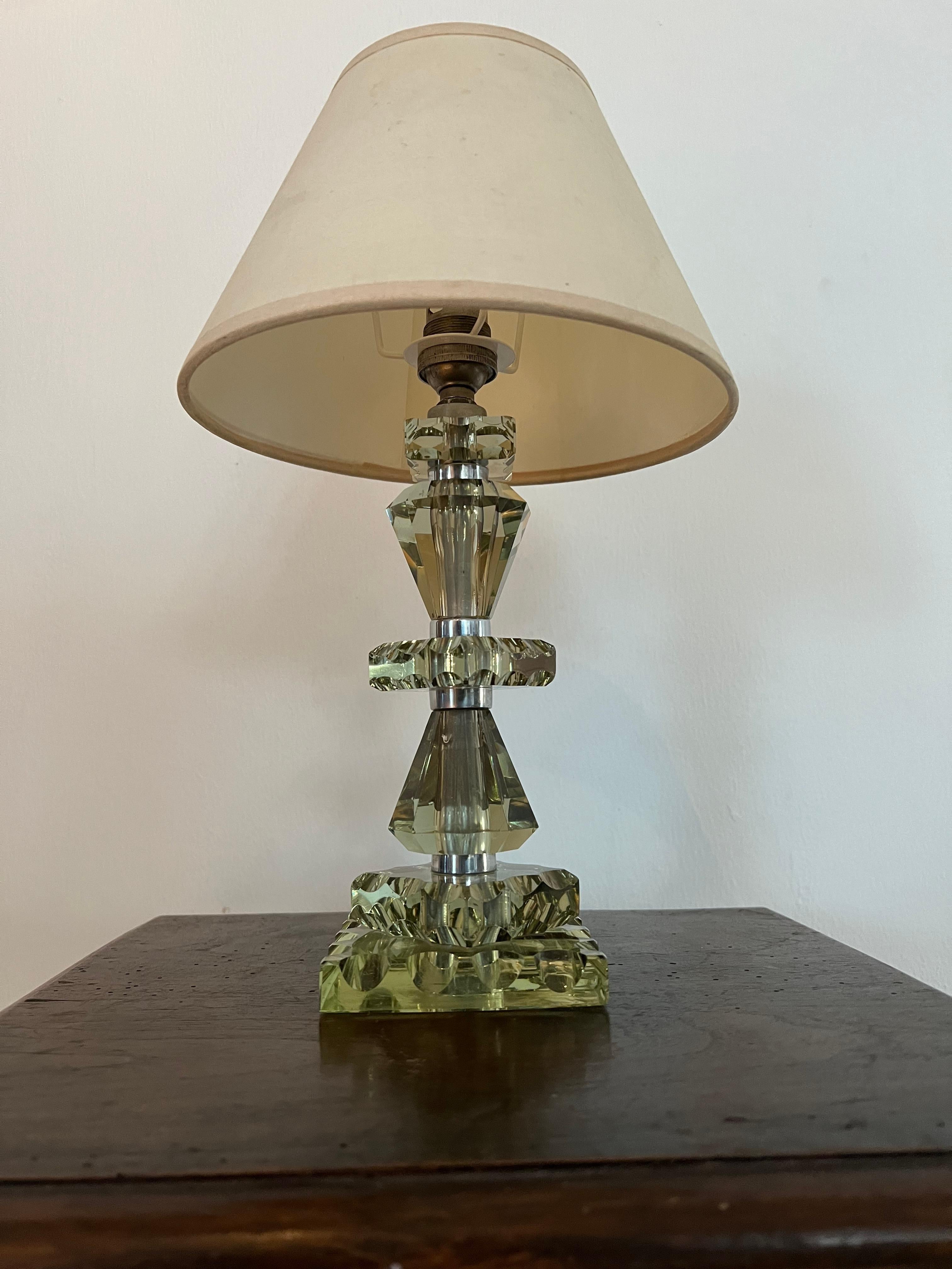 French Art Deco Light Green Lamp ITSO Baccarat and Jacques Adnet, France circa 1940 For Sale