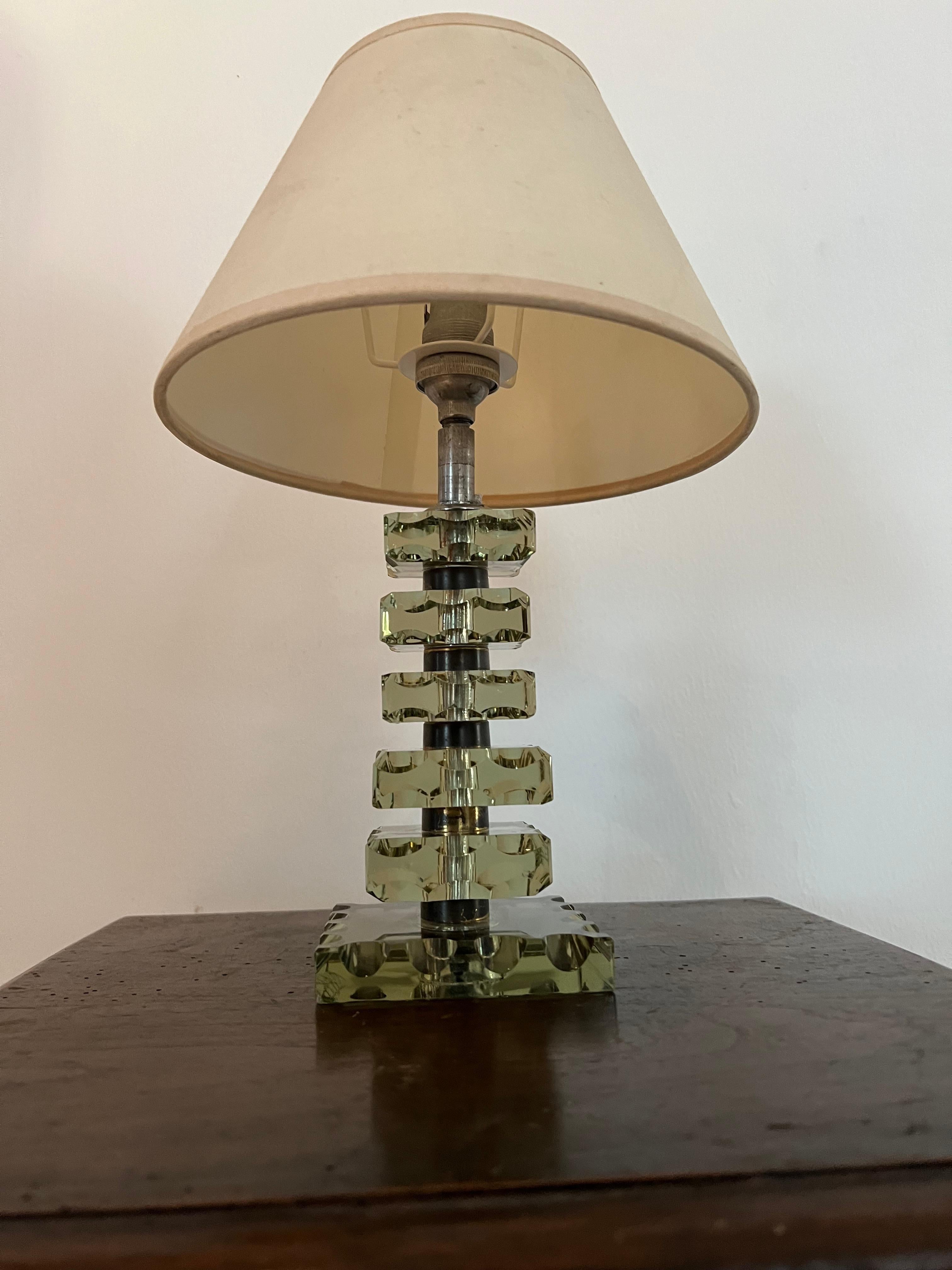 Cut Glass Art Deco Light Green Lamp ITSO Baccarat and Jacques Adnet, France circa 1940 For Sale