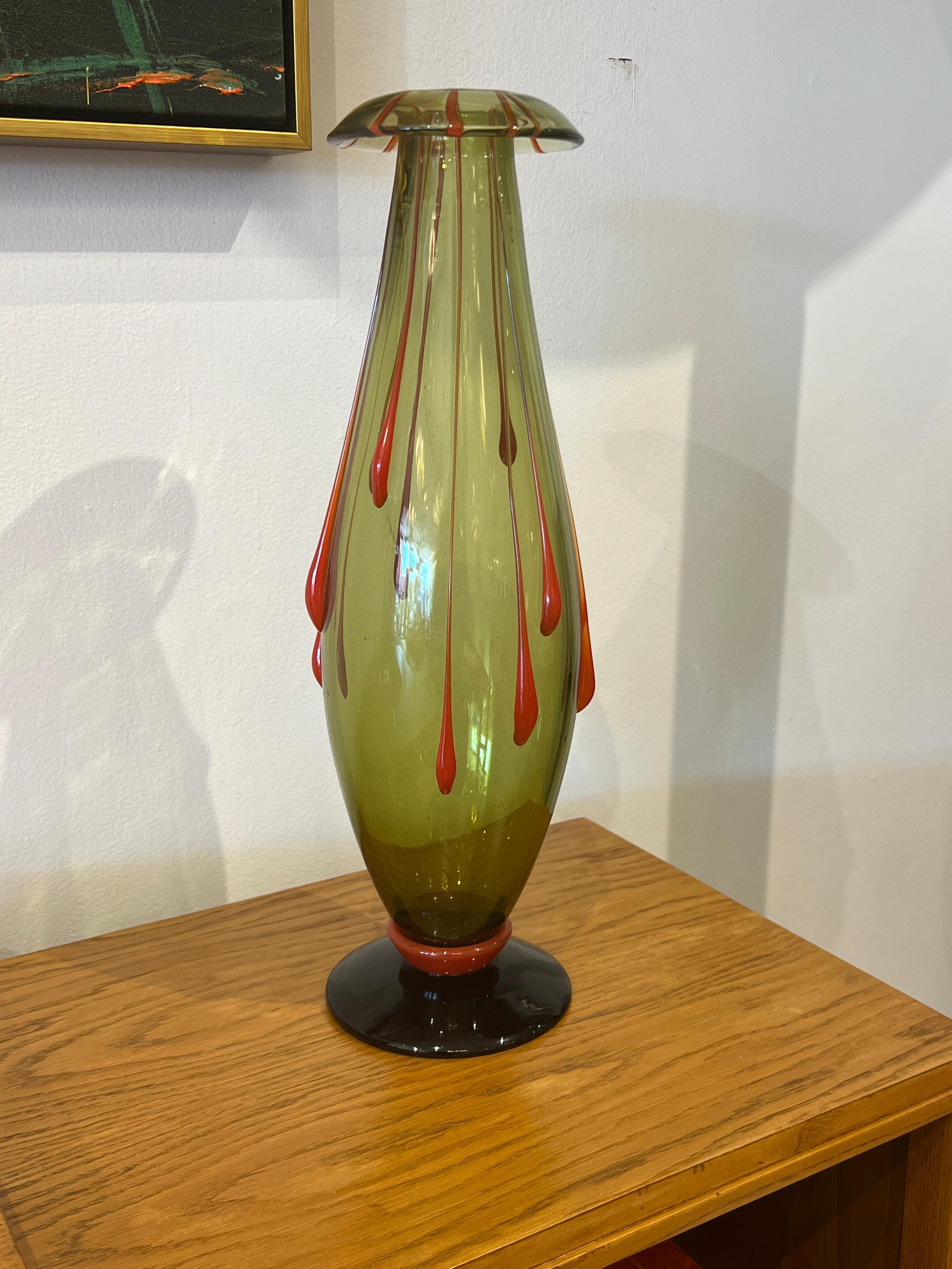 French Art Deco Light Olive Green Glass Vase by Charles Schneider For Sale