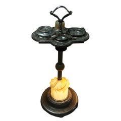 Art Deco Light Up Chrome Ashtray Stand w/ Electric Lighter & Art Glass Base